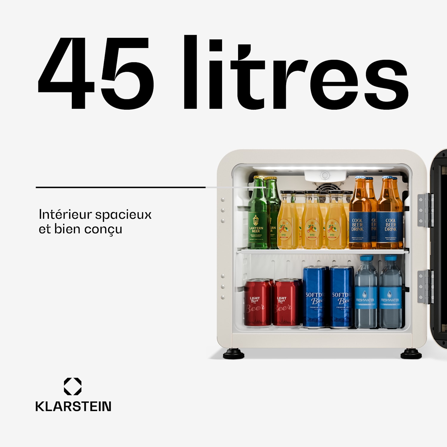 Audrey Evo Réfrigérateur à boissons | 39 x 38 cm | Éclairage intérieur LED | 75 W | 42 dB 46 L | Krem