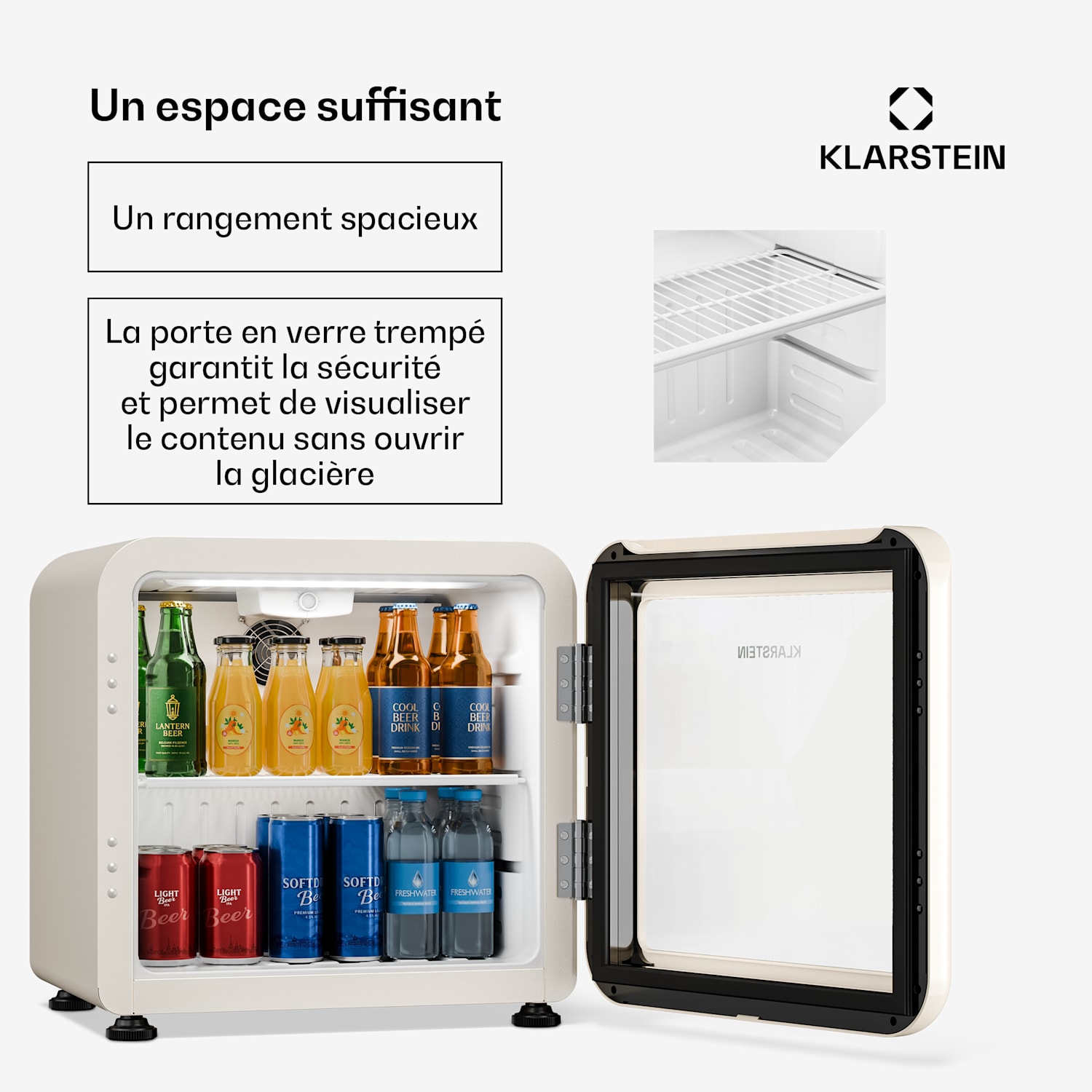 Audrey Evo Réfrigérateur à boissons | 39 x 38 cm | Éclairage intérieur LED | 75 W | 42 dB 46 L | Krem