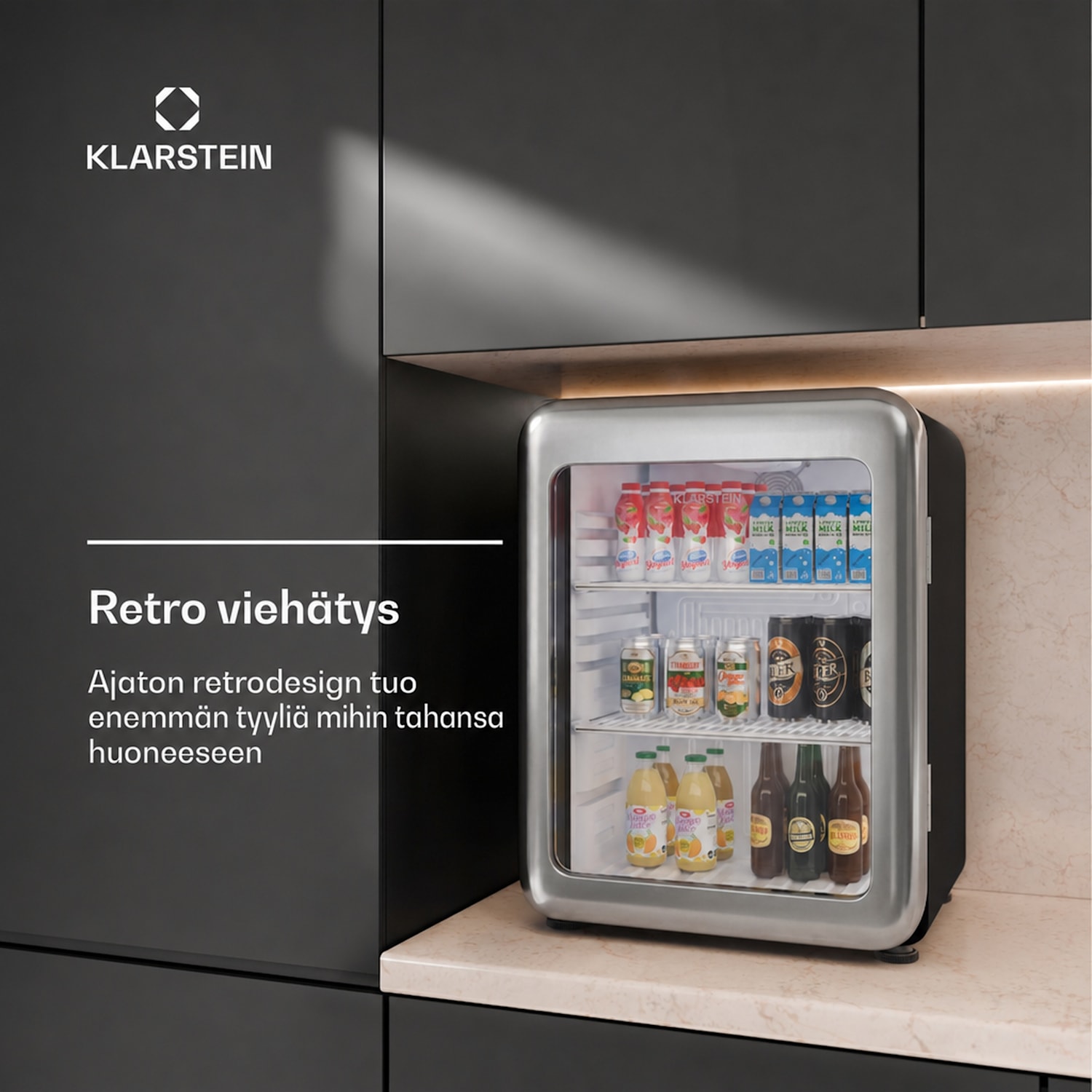 Audrey Evo juomajääkaappi | 64 x 47,5 cm | LED-sisävalo | 85 W | 42 dB 65 l | Hopea