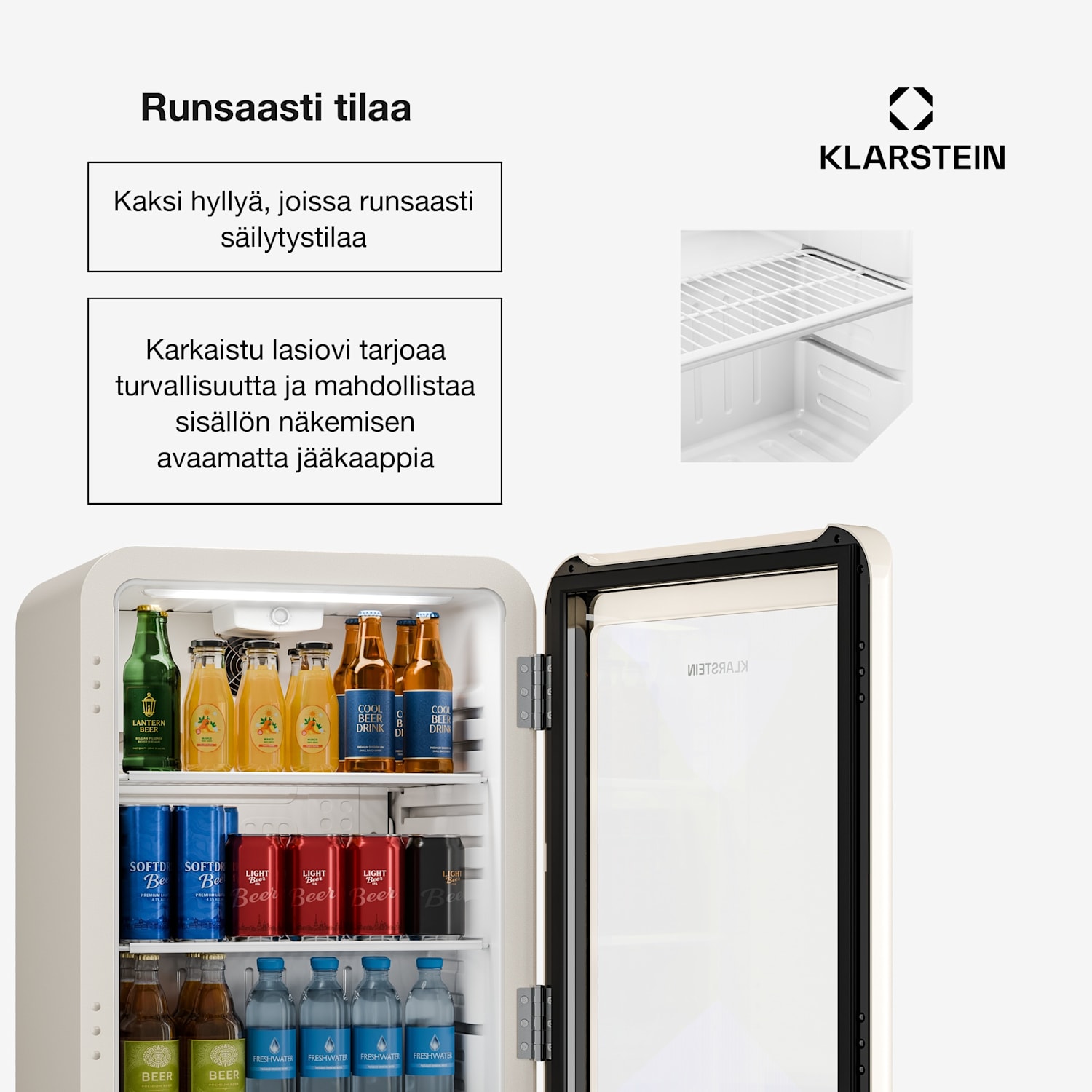 Audrey Evo juomajääkaappi | 64 x 47,5 cm | LED-sisävalaistus | 85 W | 42 dB 65 l | Kerma