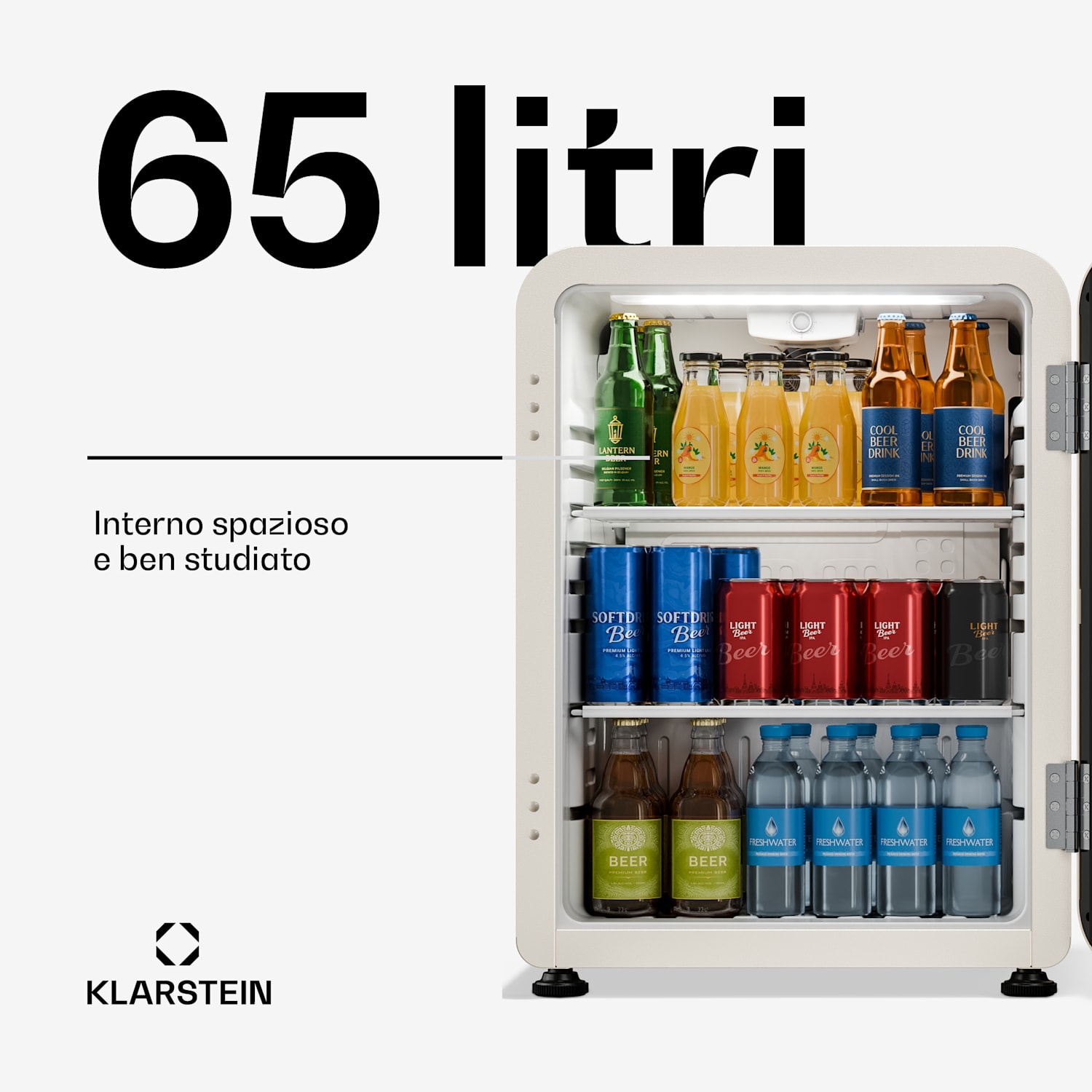 Audrey Evo - Frigorifero per bevande | 56 x 38 cm | Illuminazione interna a LED | 85 W | 42 dB 68 l | Creme