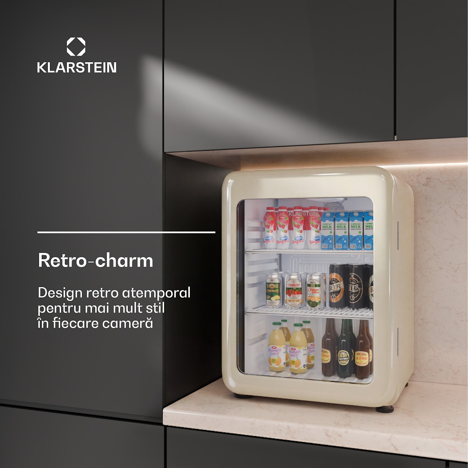 Klarstein Audrey Evo frigider pentru băuturi | 56 x 38 cm | iluminare interioară LED | 85 W | 42 dB 68 L | Crem