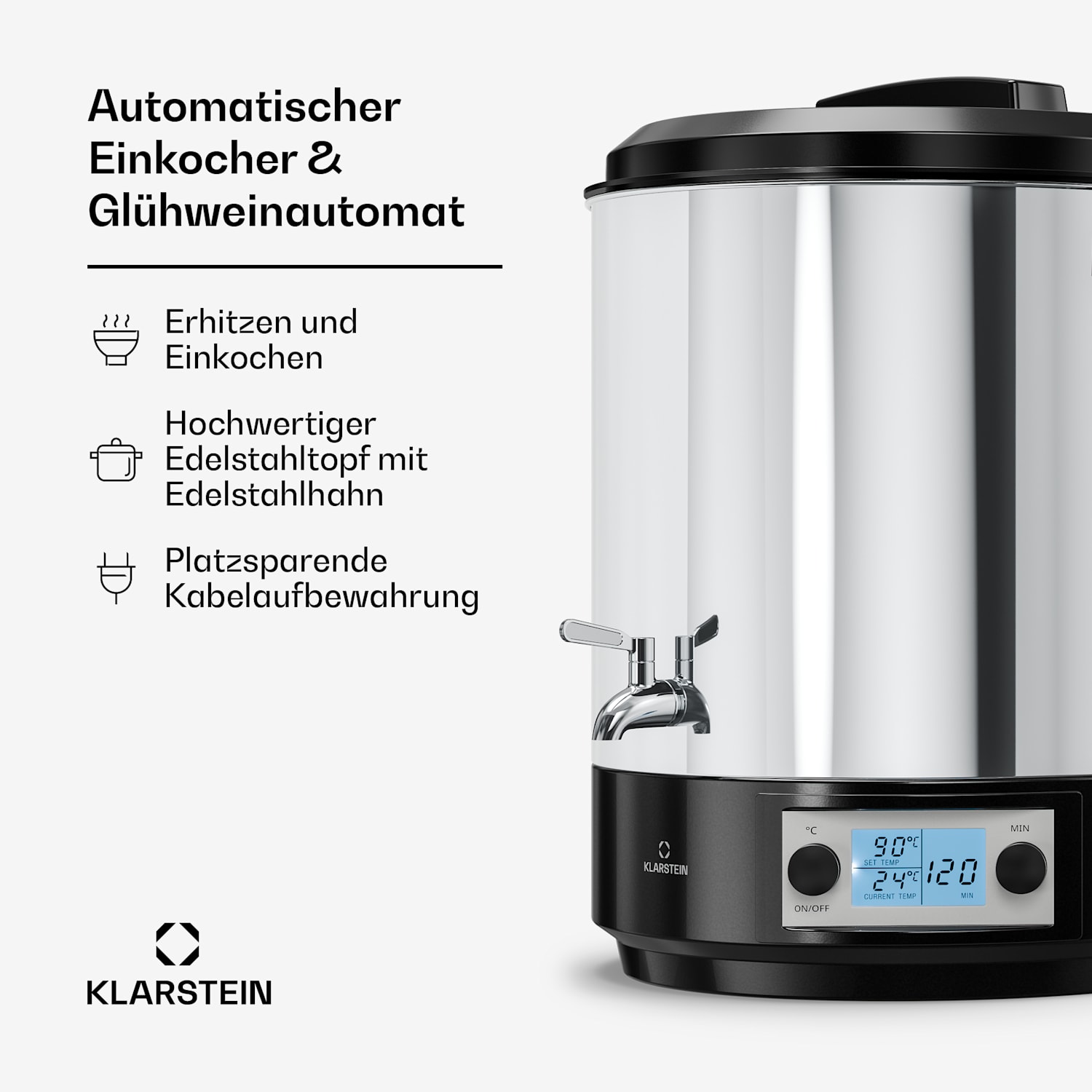 Biggie Distributeur de vin chaud et stérilisateur | 25 litres | 30-100 °C | 2000 W | Acier inoxydable 25 L | Numérique | Argent