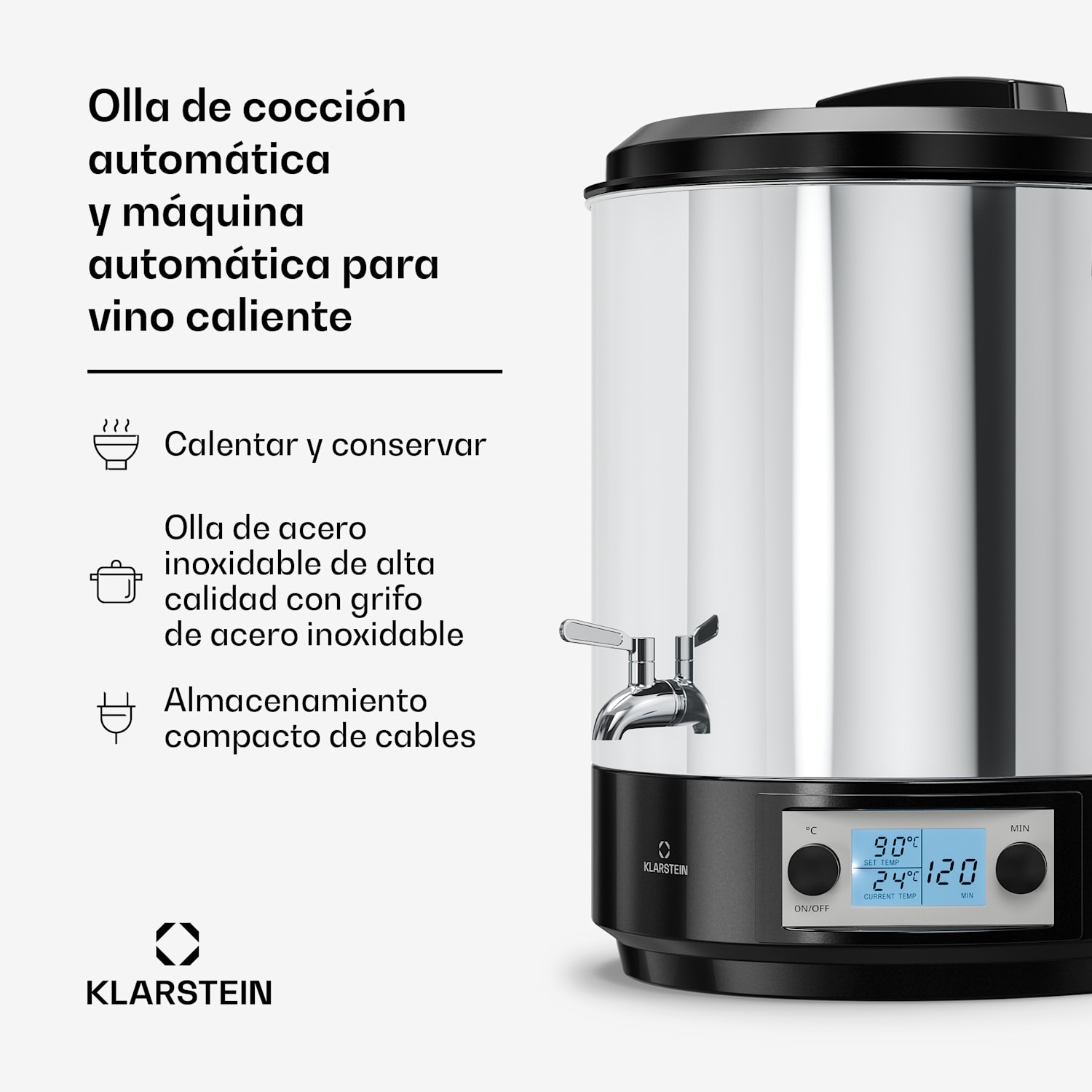 Olla automática eléctrica y dispensador de vino caliente Biggie | 25 litros | 30-100 °C | 2000 W | acero inoxidable 25 L | Digital | Plata