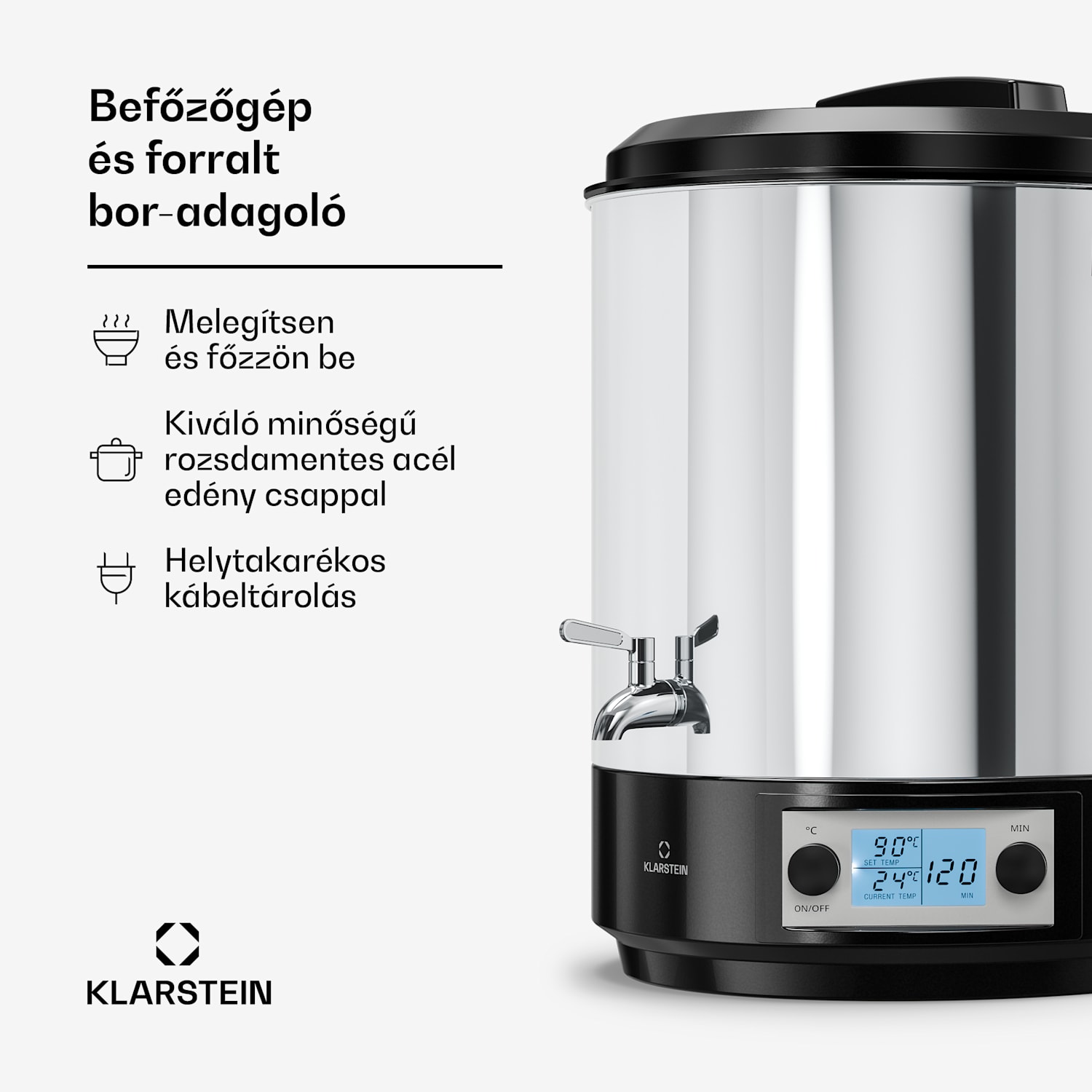 Biggie befőző- és forraltbor automatika | 25 liter | 30-100 °C | 2000 W | Rozsdamentes acél 25 L | Digitális | Ezüst