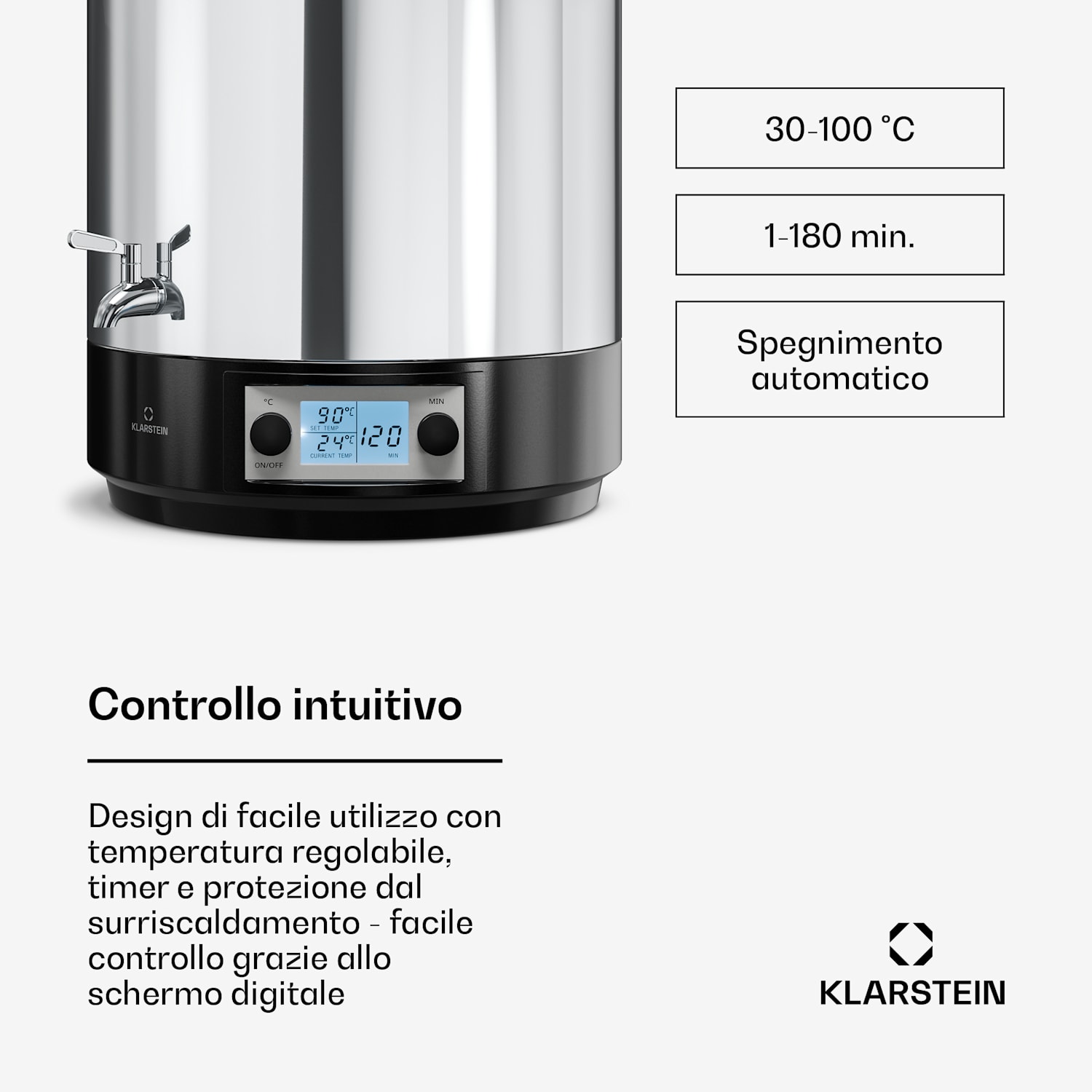 Biggie - Pentola per conserve e vin brulé | 25 litri | 30-100 °C | 2000 W | Acciaio inox 25 L | Digitale | Argento