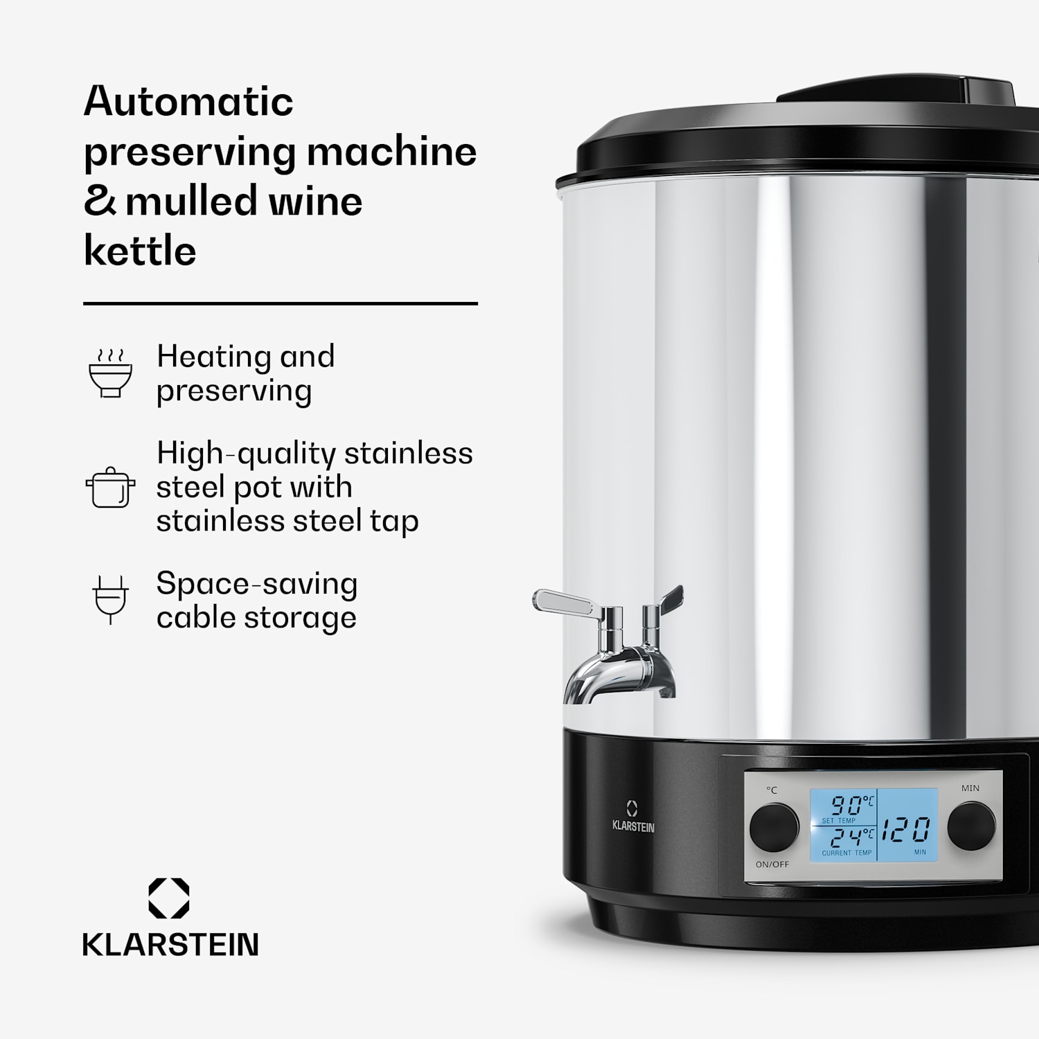 Biggie weck- en glühweinketel | 25 liter | 30–100 °C | 2000 W | roestvrij staal 25 L | Digitaal | Zilver