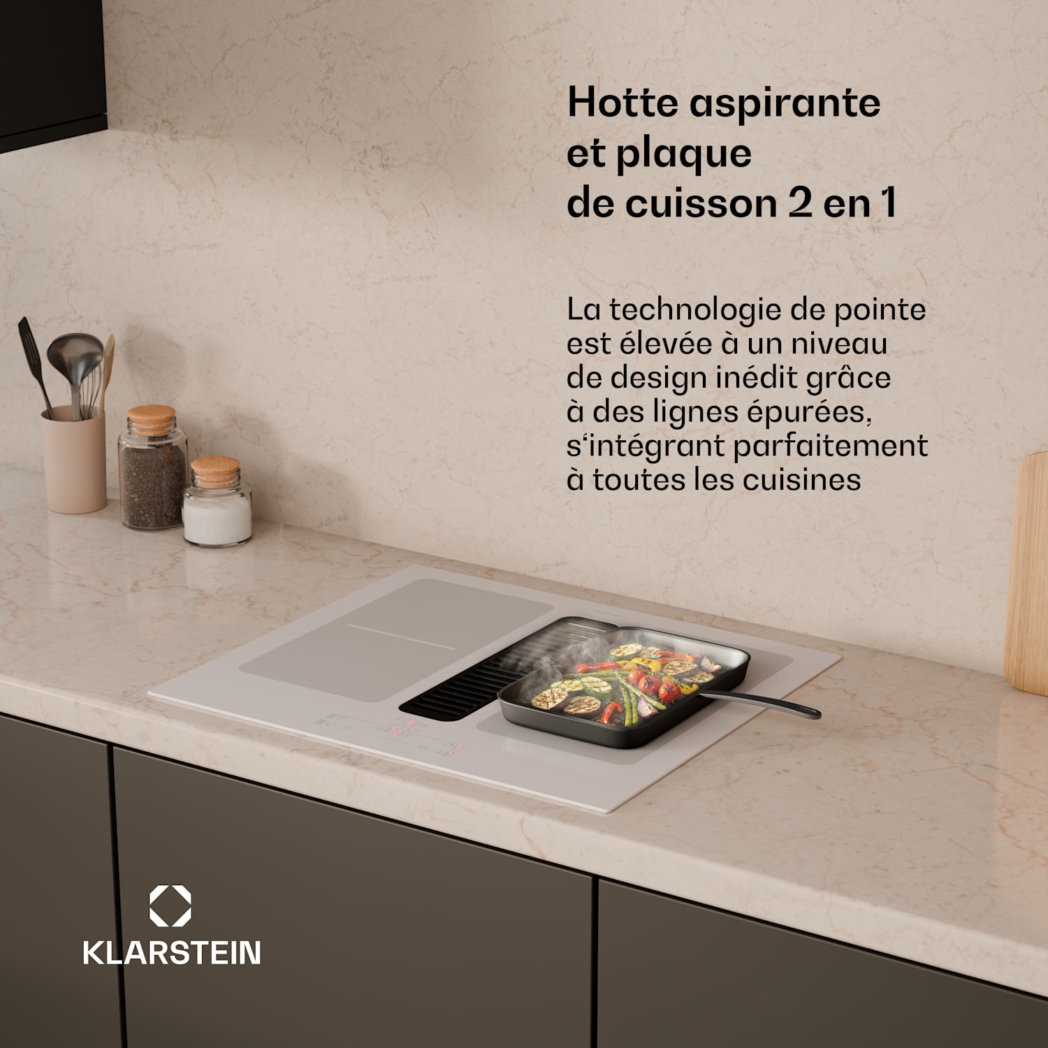 Full House Table de cuisson à induction avec hotte aspirante | 4 zones de cuisson | 7335 W | 530 m³/h | 60 cm 