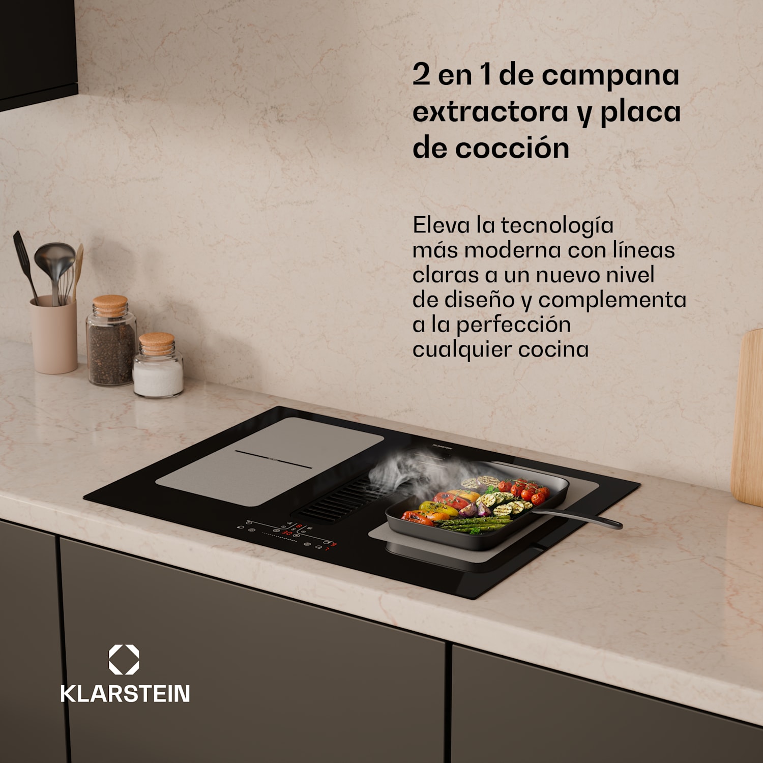 Placa de inducción Full House con extractor | 4 zonas de cocción | 7335 W | 530 m³/h | 70 cm 