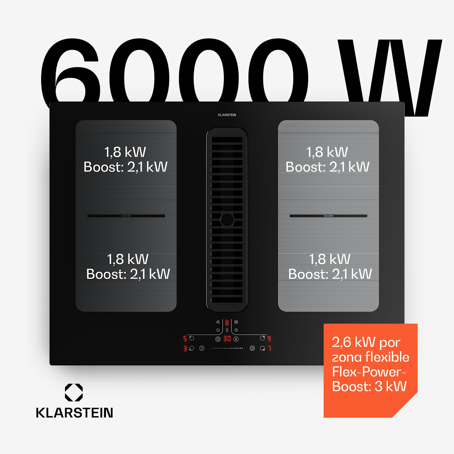 Placa de inducción Full House con extractor | 4 zonas de cocción | 7335 W | 530 m³/h | 70 cm 