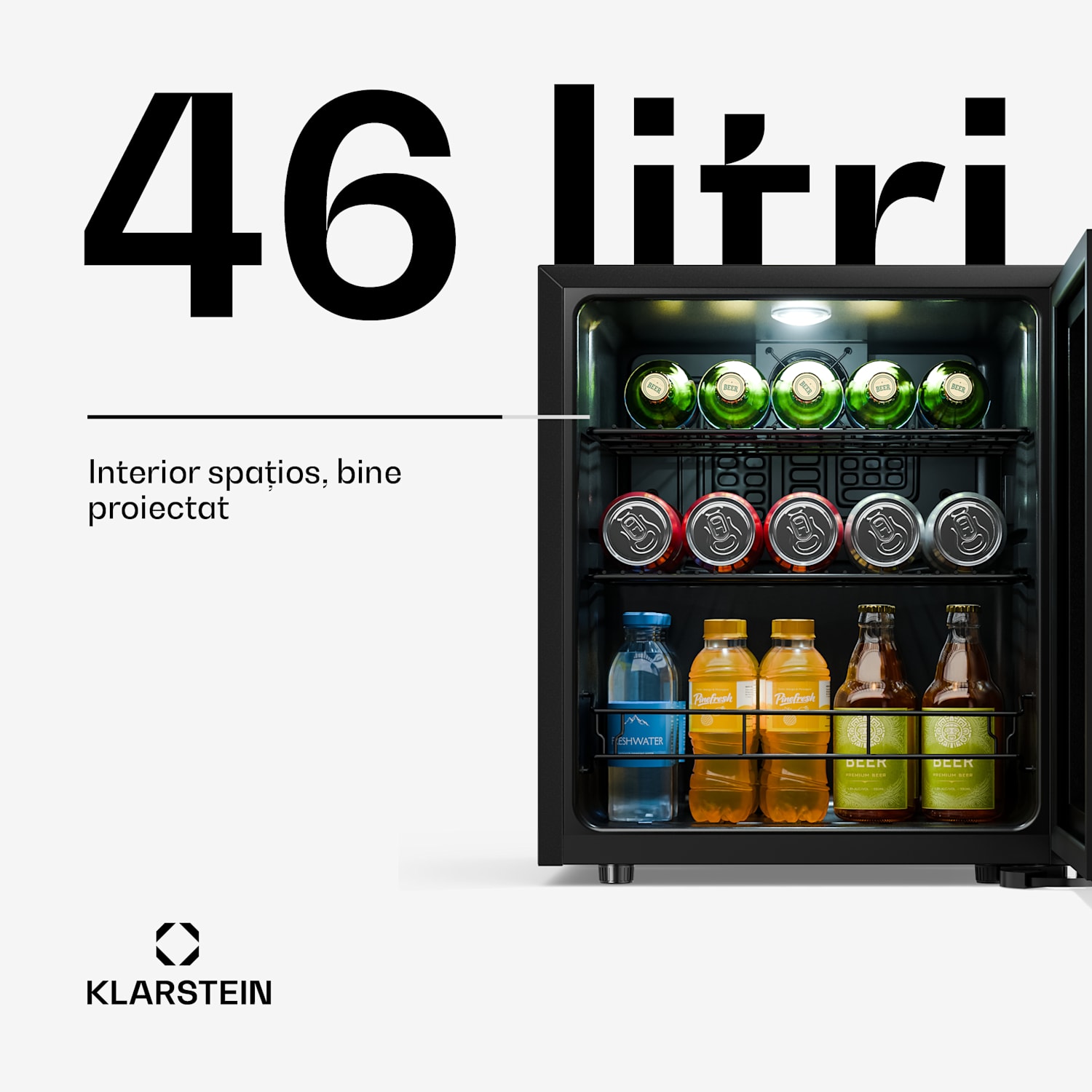 Frigider pentru băuturi Bevora | 51,5 × 48 cm | Iluminare interioară LED | Negru 46 Ltr