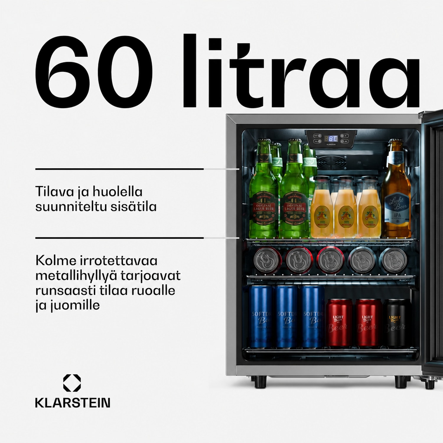 LuxeChill 64cm 60L ulkojuoma-jääkaappi, hopea, lasiovi, A 