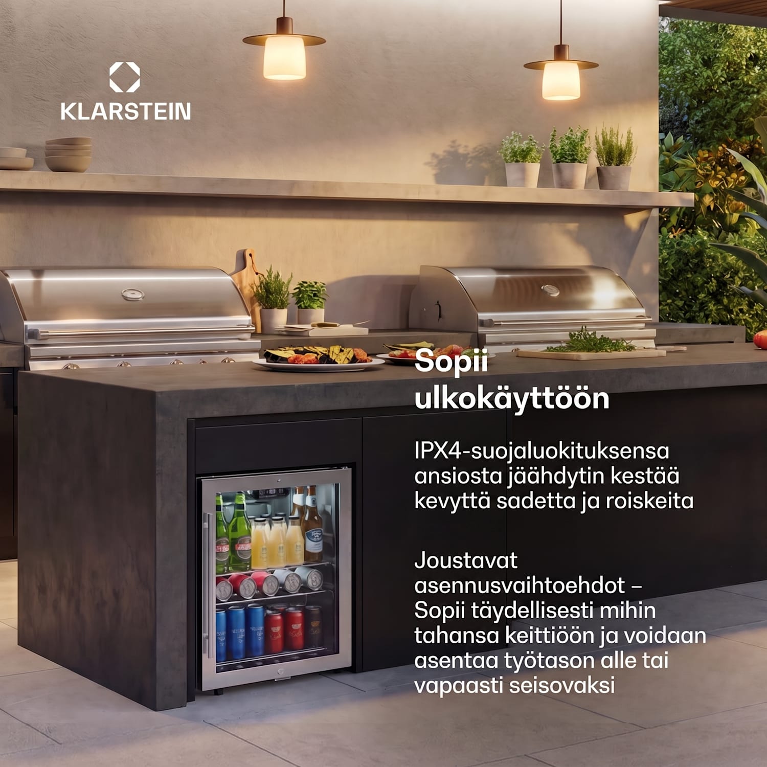 LuxeChill 64cm 60L ulkojuoma-jääkaappi, hopea, lasiovi, A 