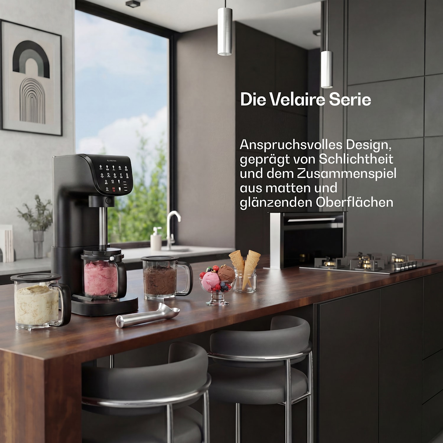 Velaire Eismaschine ohne Kompressor | 1,8 l | 500 W | 10 Programme | Touch-Steuerung Schwarz