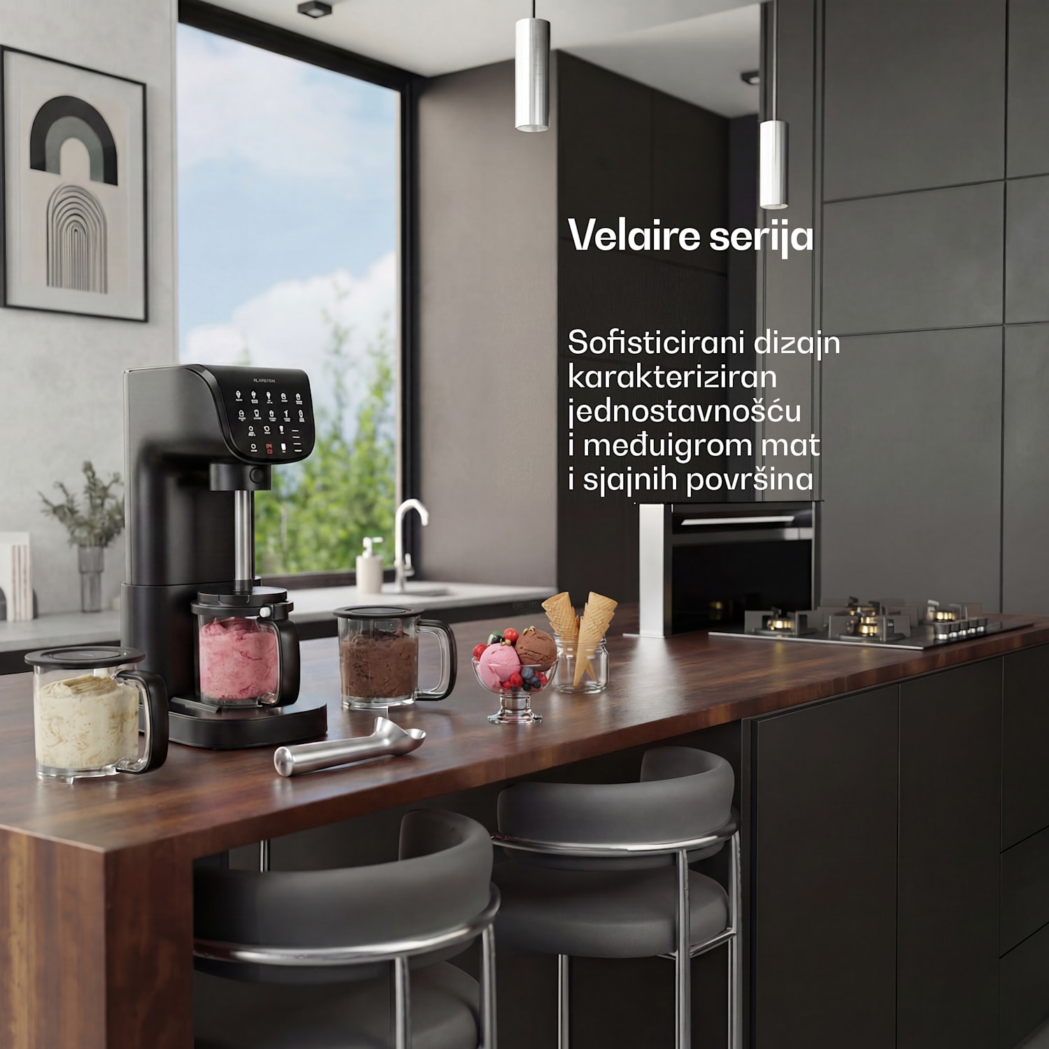 Velaire aparat za sladoled bez kompresora | 1,8 l | 500 W | 10 programa | upravljanje na dodir Crna