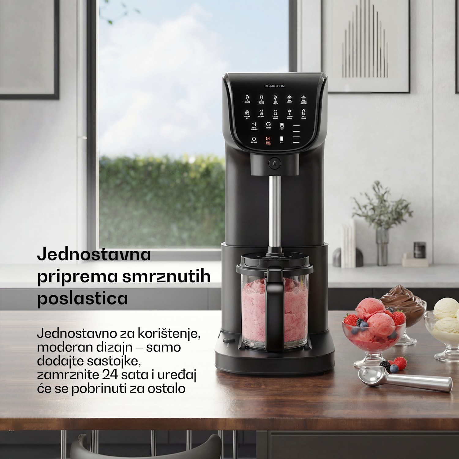 Velaire aparat za sladoled bez kompresora | 1,8 l | 500 W | 10 programa | upravljanje na dodir Crna