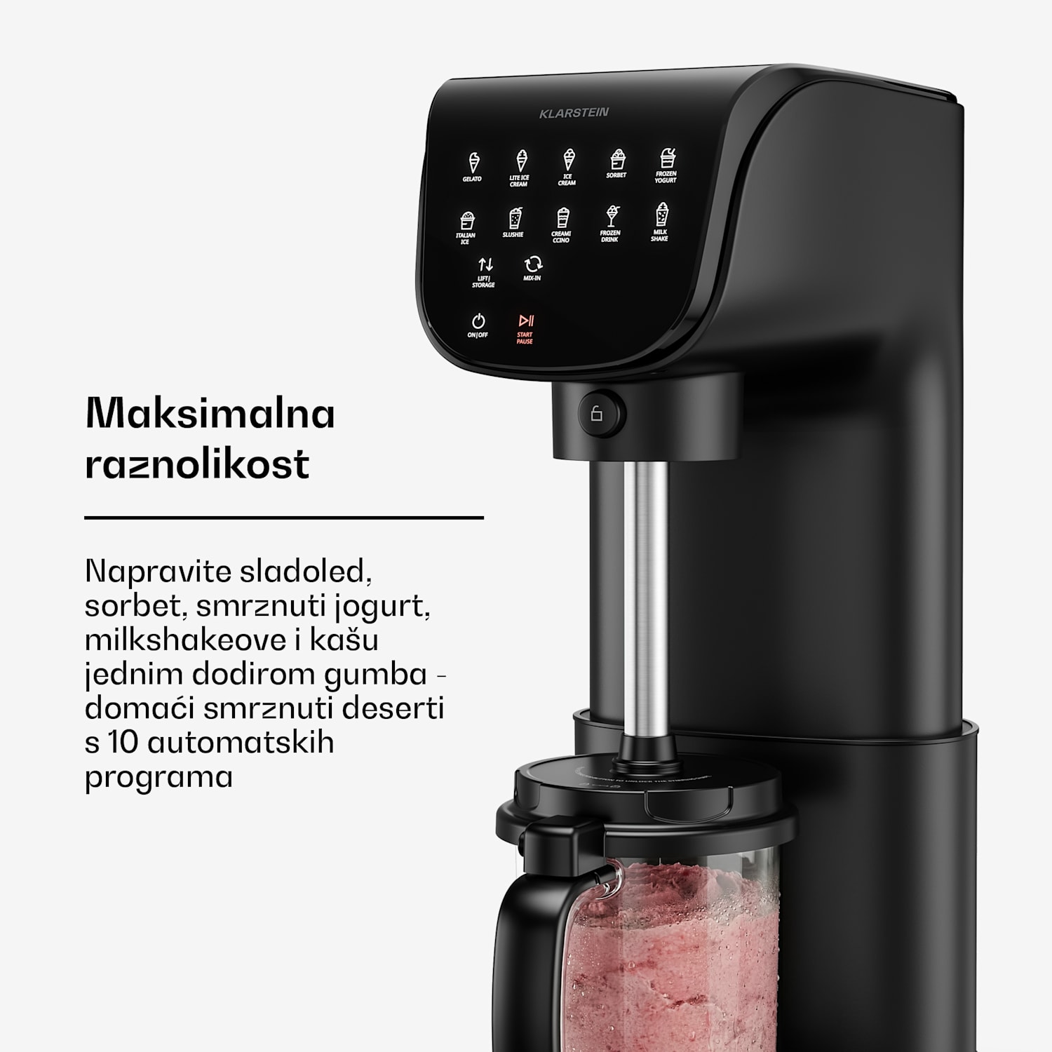 Velaire aparat za sladoled bez kompresora | 1,8 l | 500 W | 10 programa | upravljanje na dodir Crna