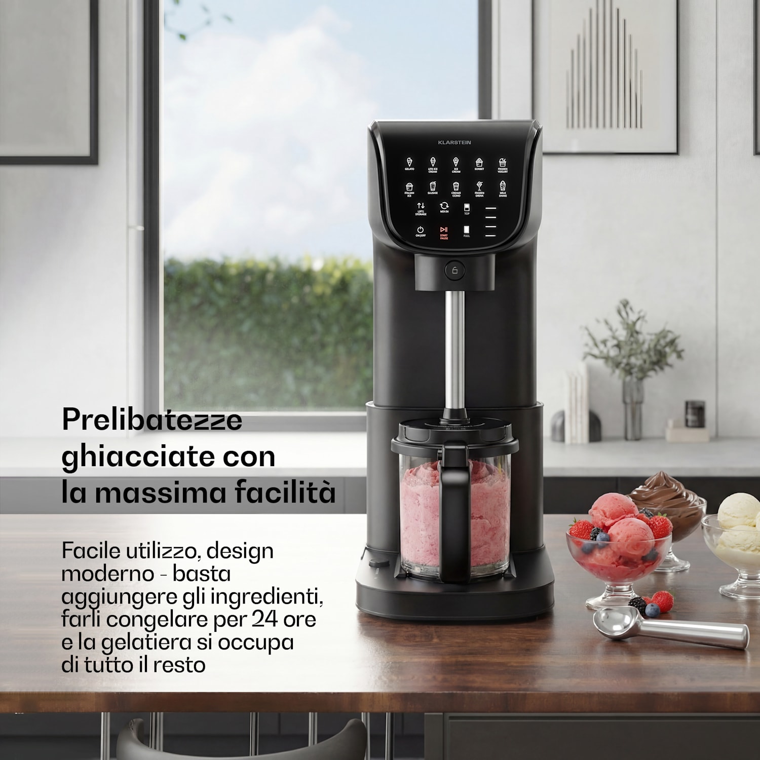 Velaire - Gelatiera senza compressore | 1,8 l | 500 W | 10 programmi | Controllo touch Nero