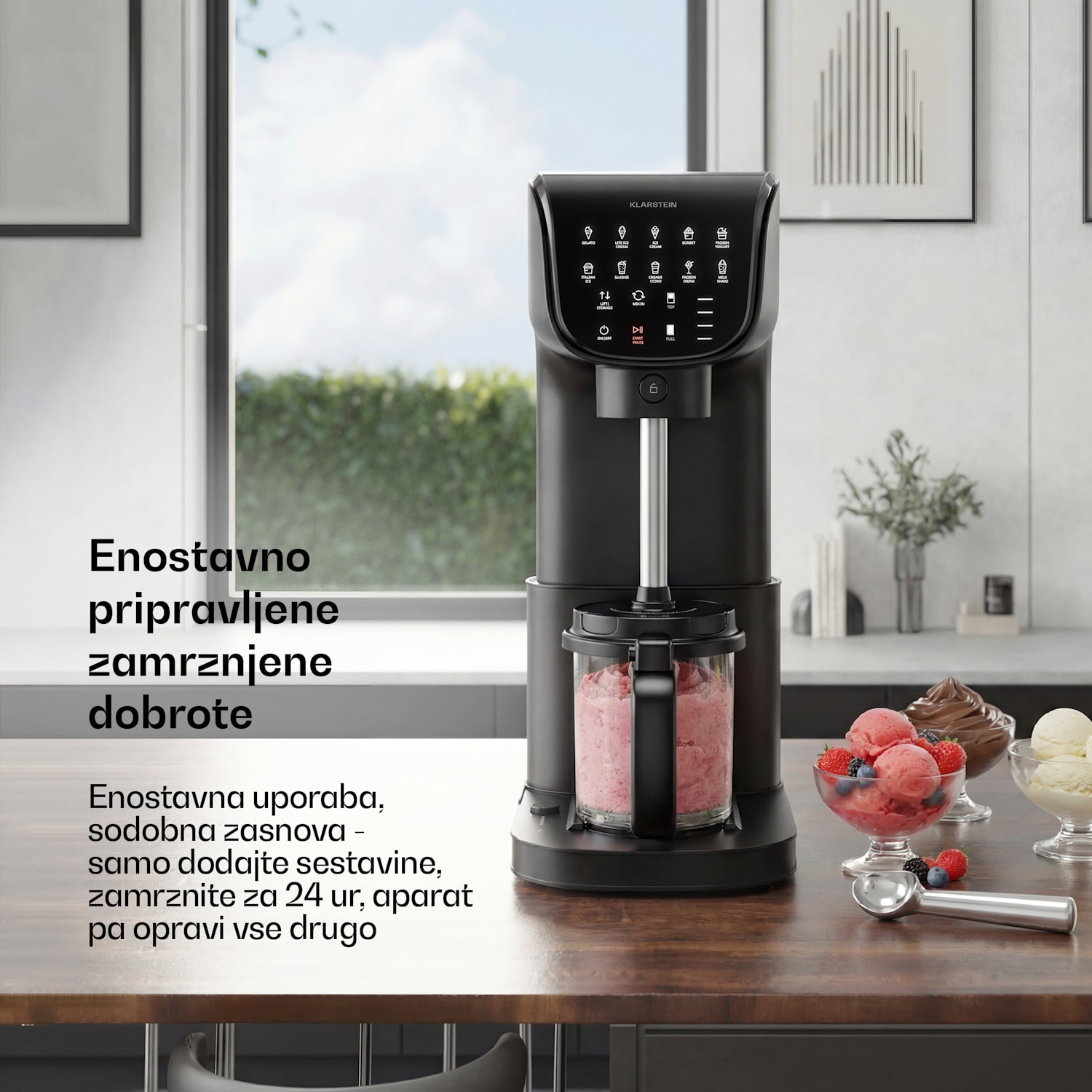 Aparat za sladoled Velaire brez kompresorja | 1,8 l | 500 W | 10 programov | upravljanje na dotik Črna