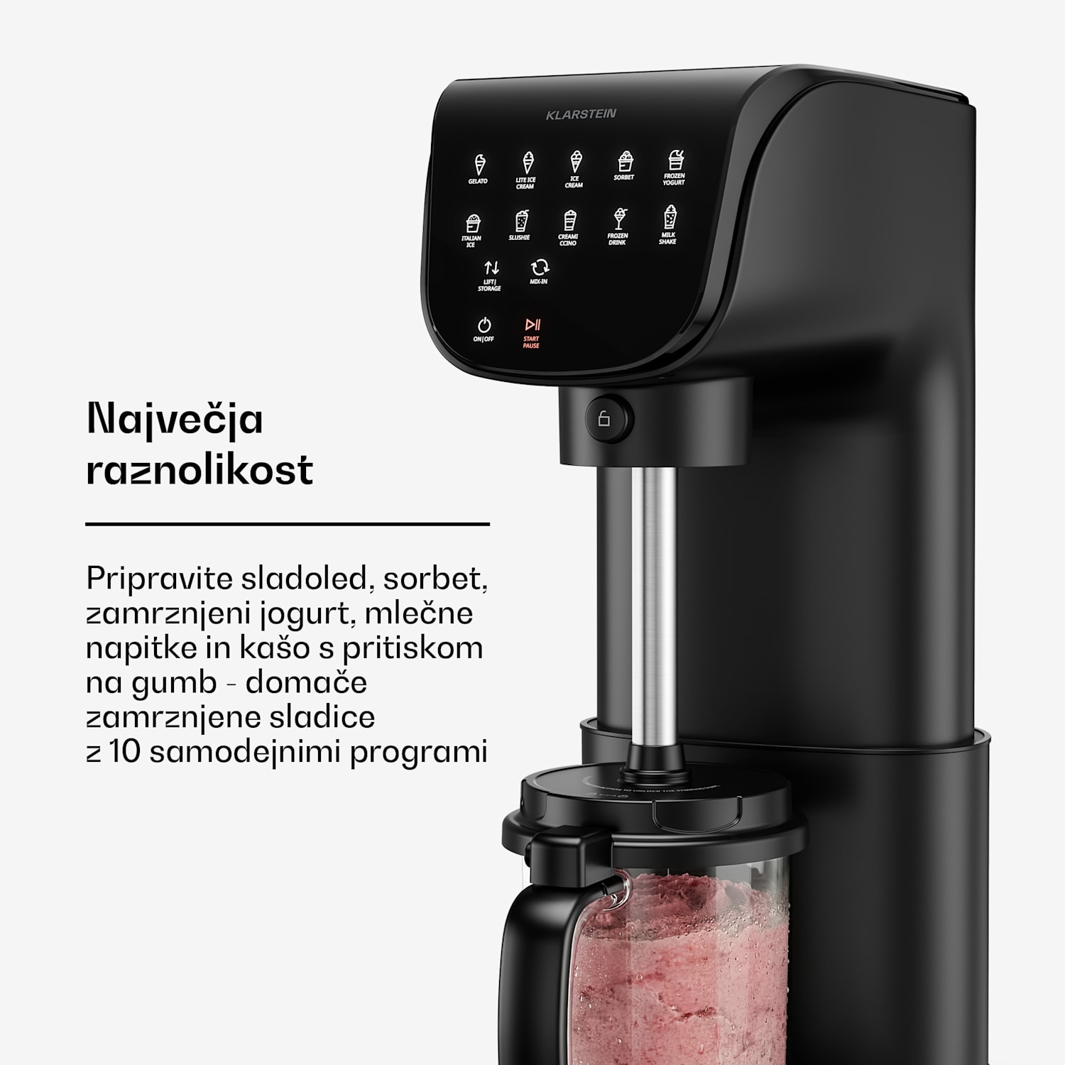 Aparat za sladoled Velaire brez kompresorja | 1,8 l | 500 W | 10 programov | upravljanje na dotik Črna