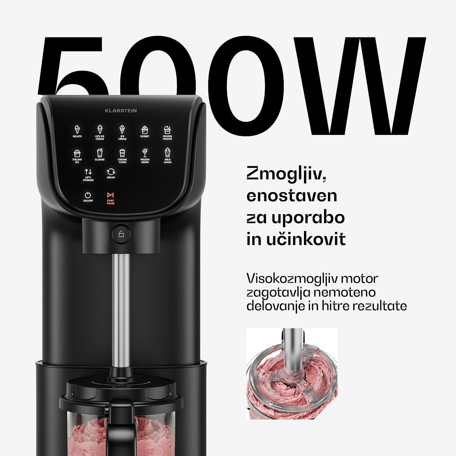Aparat za sladoled Velaire brez kompresorja | 1,8 l | 500 W | 10 programov | upravljanje na dotik Črna