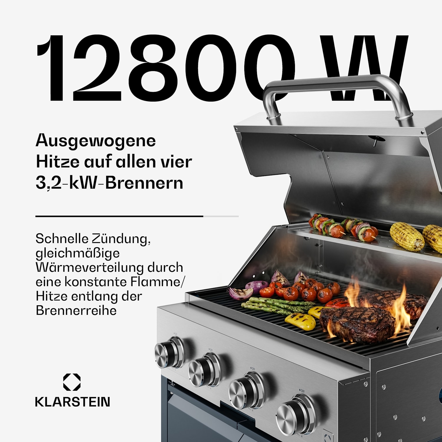 WaldChef Gasgrill | 4 Brenner | 50 mbar | 12800 W | Gusseisen-Rost | Edelstahl 