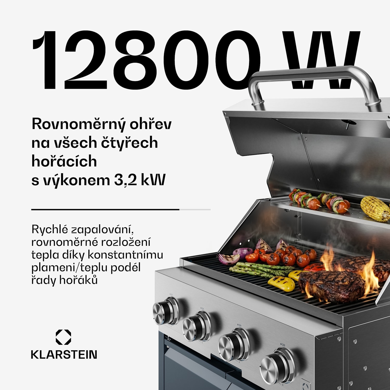 WaldChef plynový gril | 4 hořáky | 30 mbar | 12800 W | Litinový rošt | Nerezová ocel 