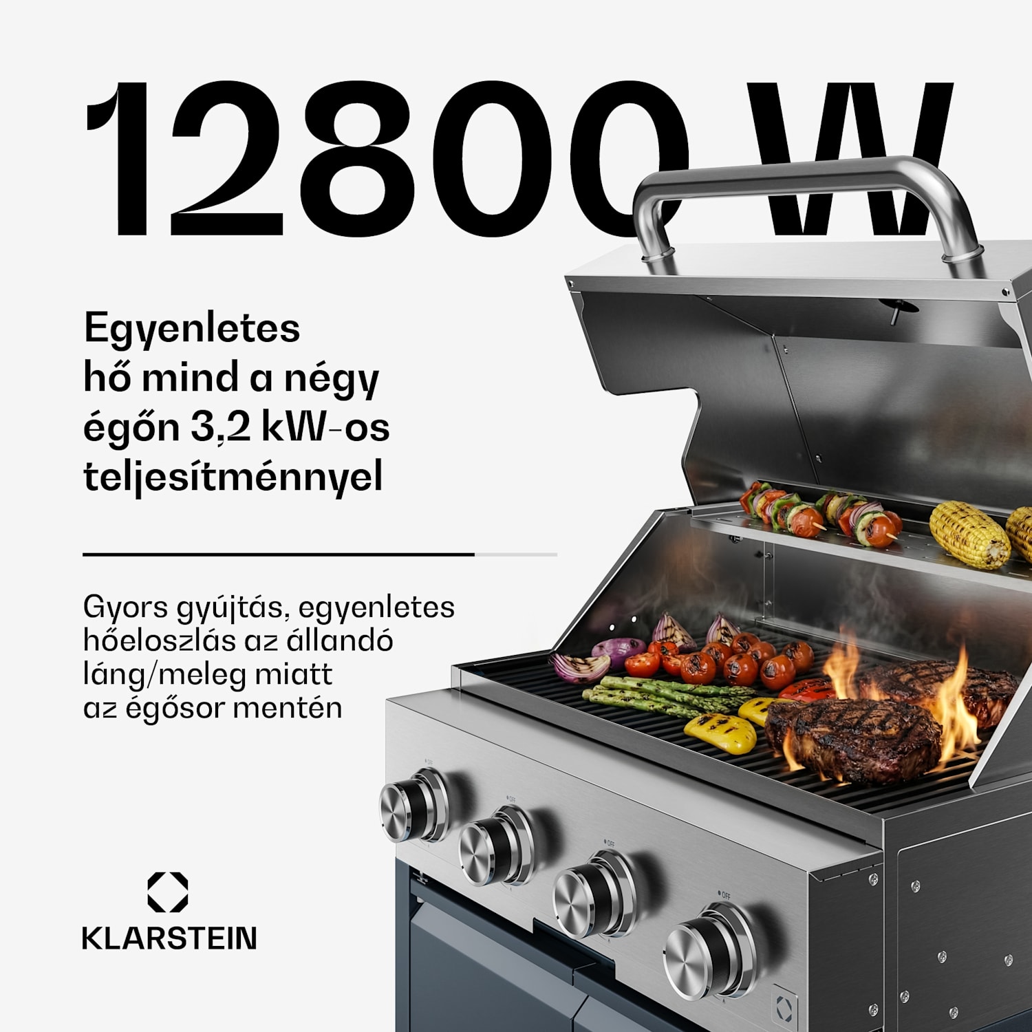 WaldChef gázgrill | 4 égő | 30 mbar | 12800 W | Öntöttvas rács | Rozsdamentes acél 