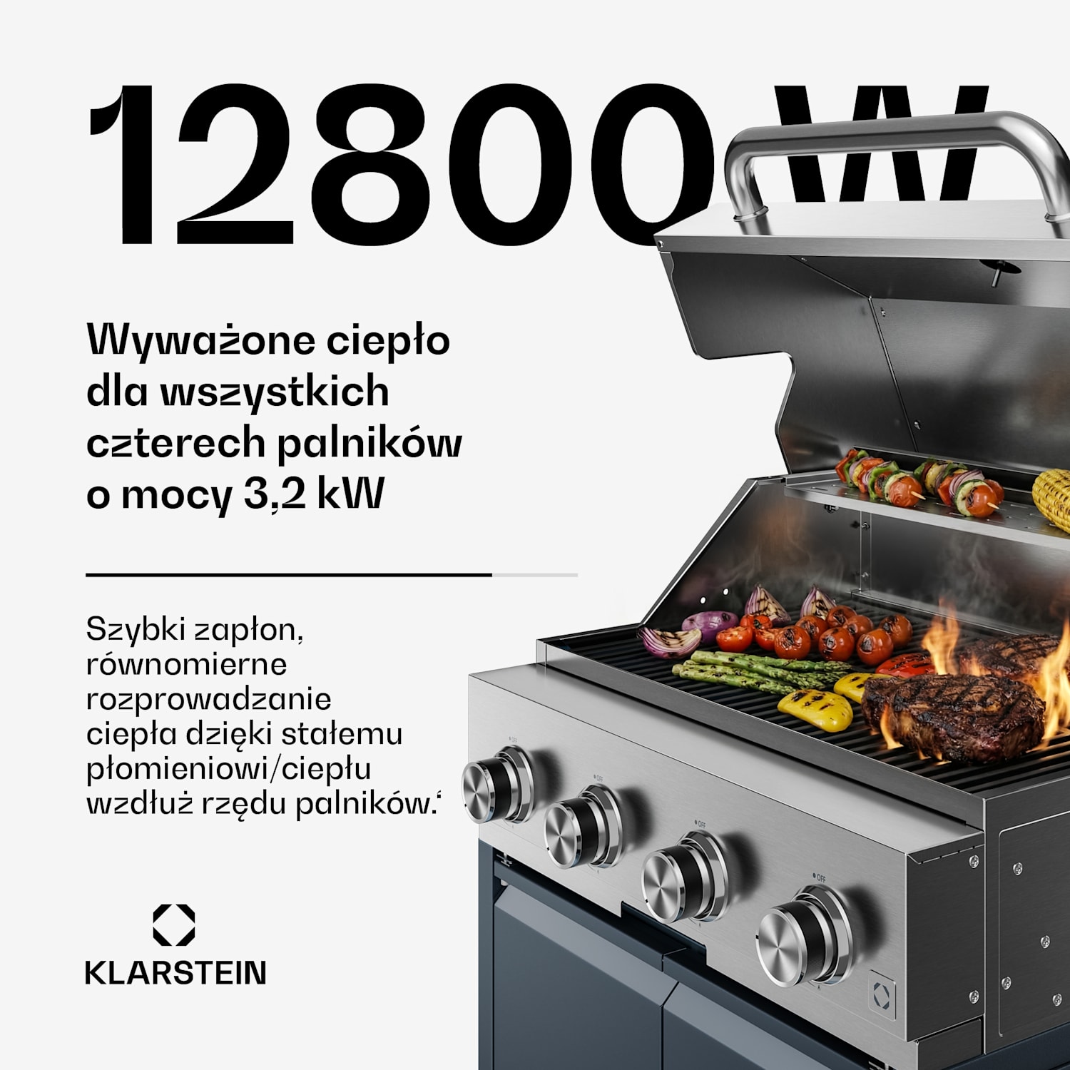 WaldChef Grill gazowy | 4 palniki | 30 mbarów | 12 800 W | Ruszt żeliwny | Stal nierdzewna 