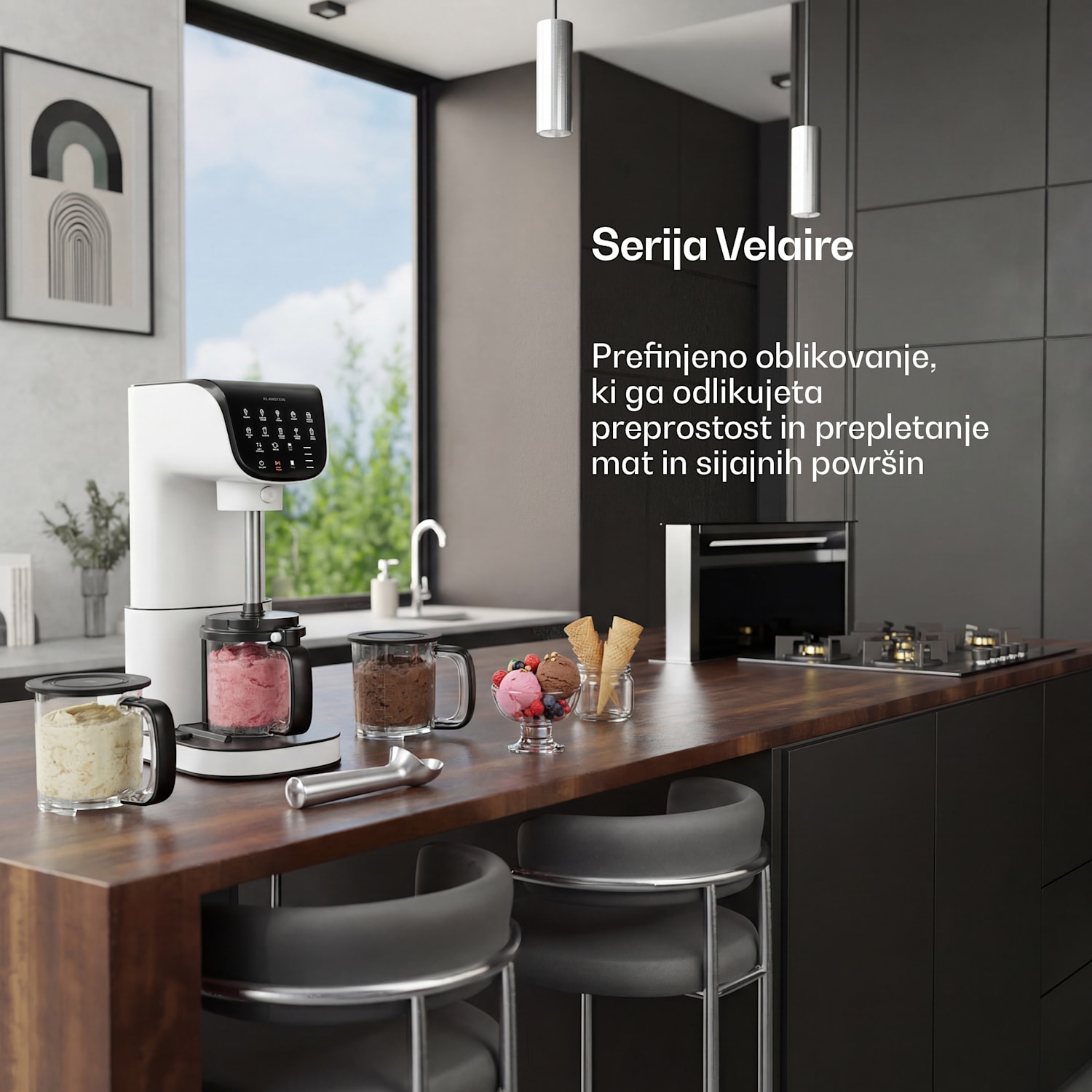 Velaire aparat za sladoled brez kompresorja | 1,8 l | 500 W | 10 programov | upravljanje na dotik Bela