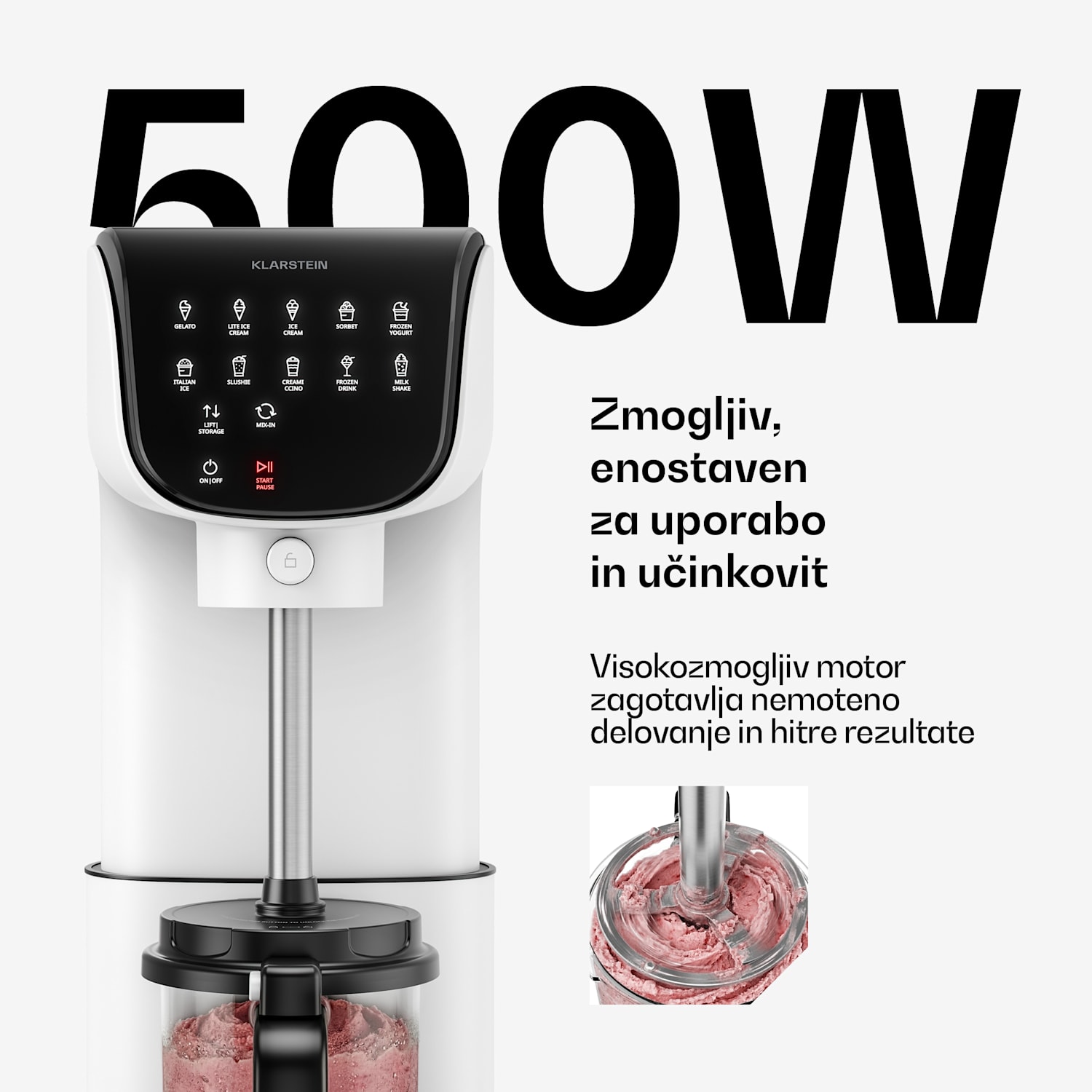 Velaire aparat za sladoled brez kompresorja | 1,8 l | 500 W | 10 programov | upravljanje na dotik Bela