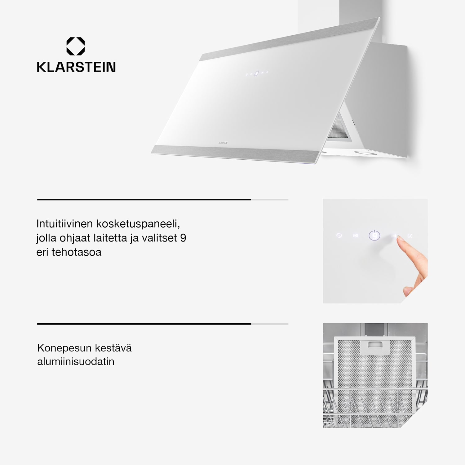 Flashline seinähuppu | Poisto- ja kiertoilmatoiminto | Moderni muotoilu | 578 m³/h | 90 cm 90 cm | Valkoinen | Hopea