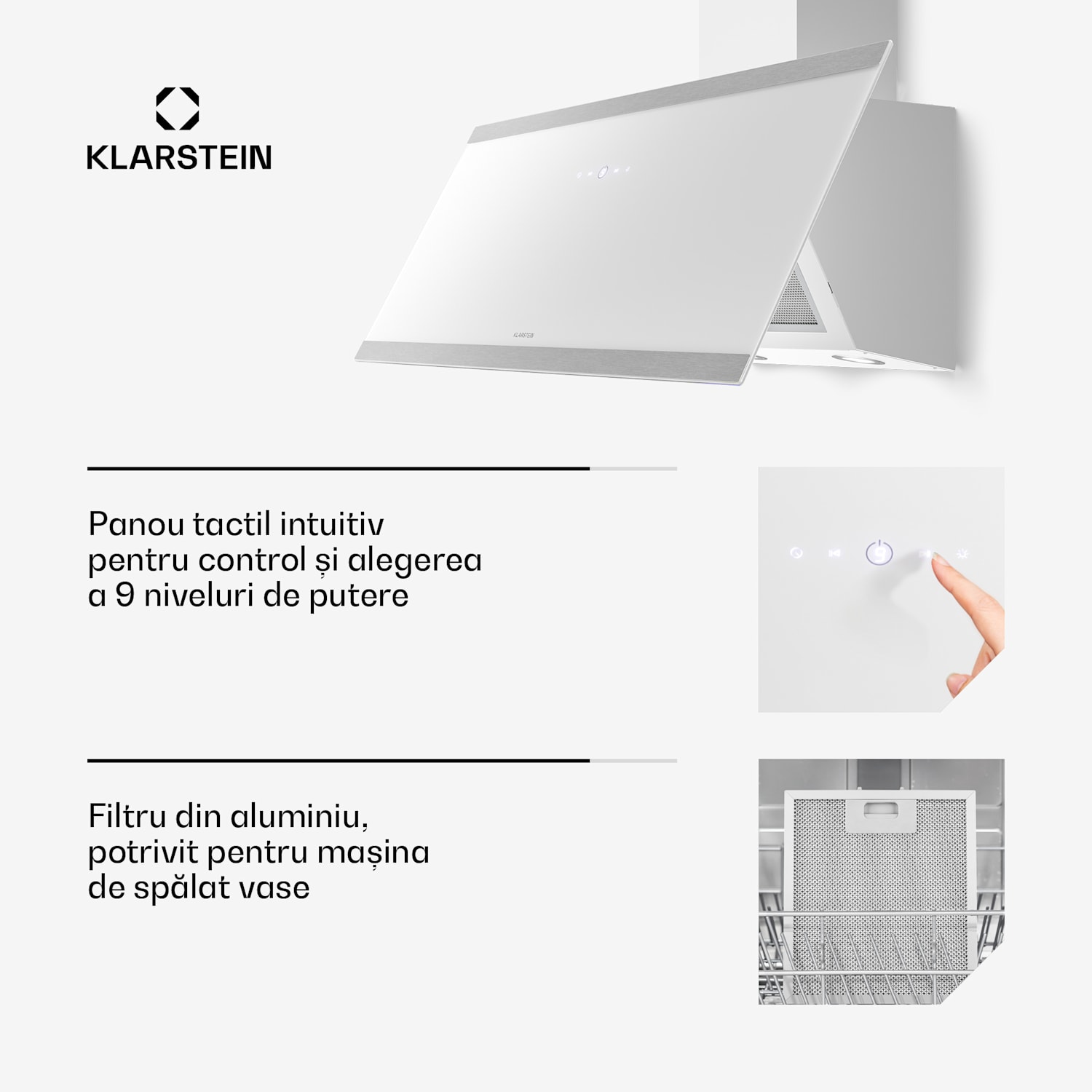 Hota înclinată Flashline | Moduri de evacuare și recirculare | Design modern | 578 m³/h | 90 cm 