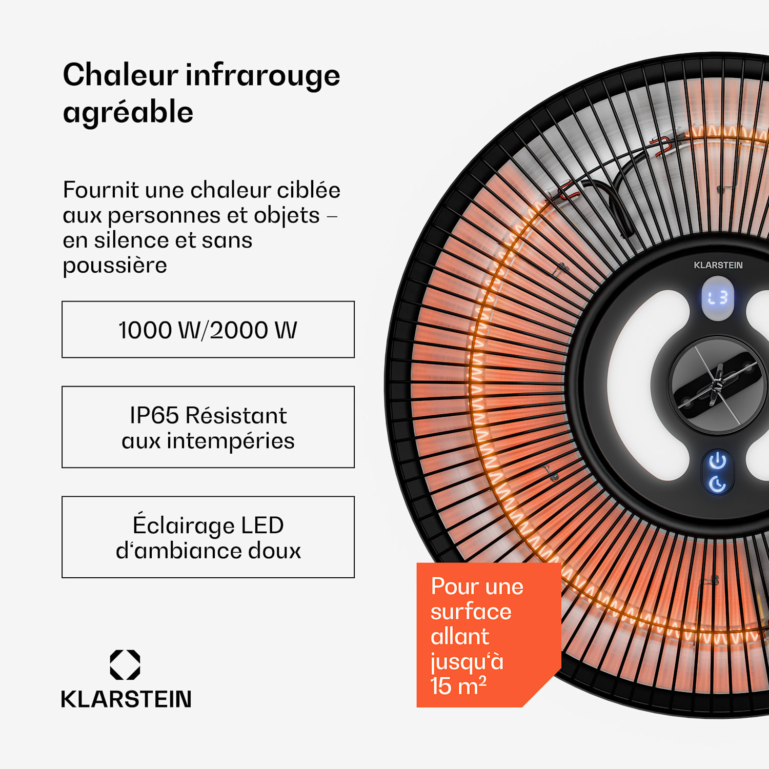 LumiHeat chauffage infrarouge de plafond | 2000 W | 15 m² | éclairage LED | 42 cm x 42 cm 