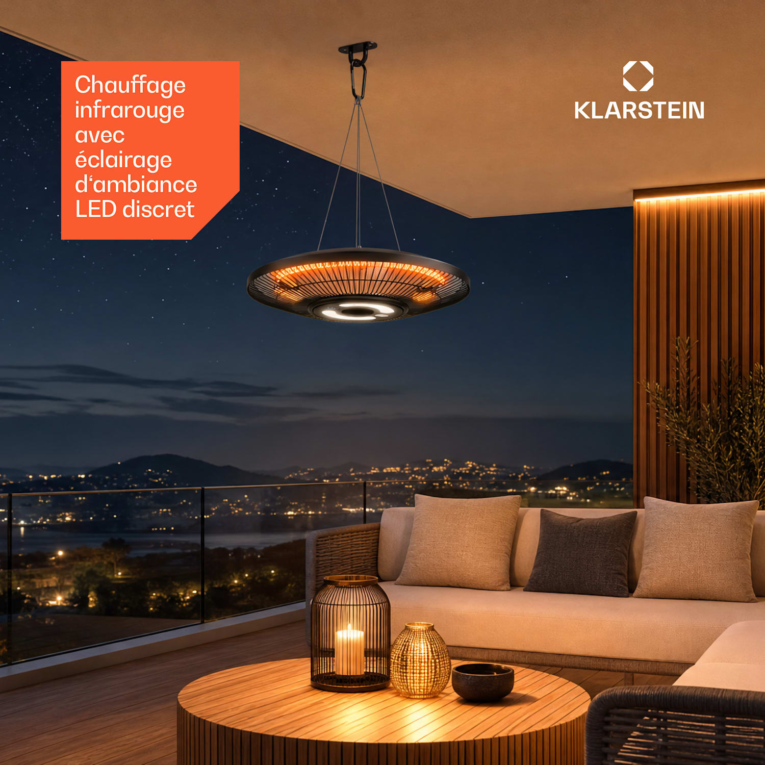 LumiHeat chauffage infrarouge de plafond | 2000 W | 15 m² | éclairage LED | 42 cm x 42 cm 
