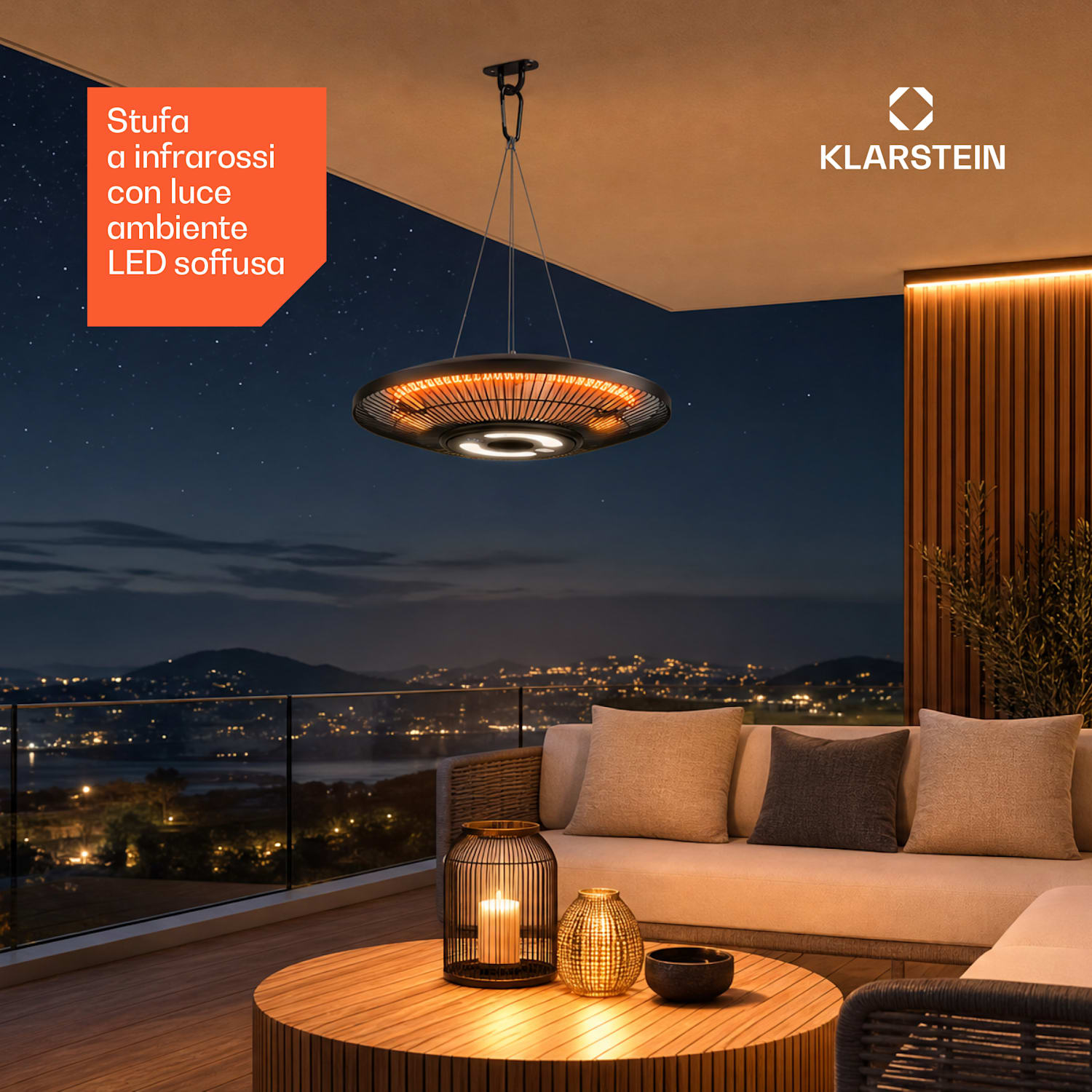 LumiHeat - Stufa a infrarossi da soffitto | 2000 W | 15 m² | Luce LED | 42 cm x 42 cm 
