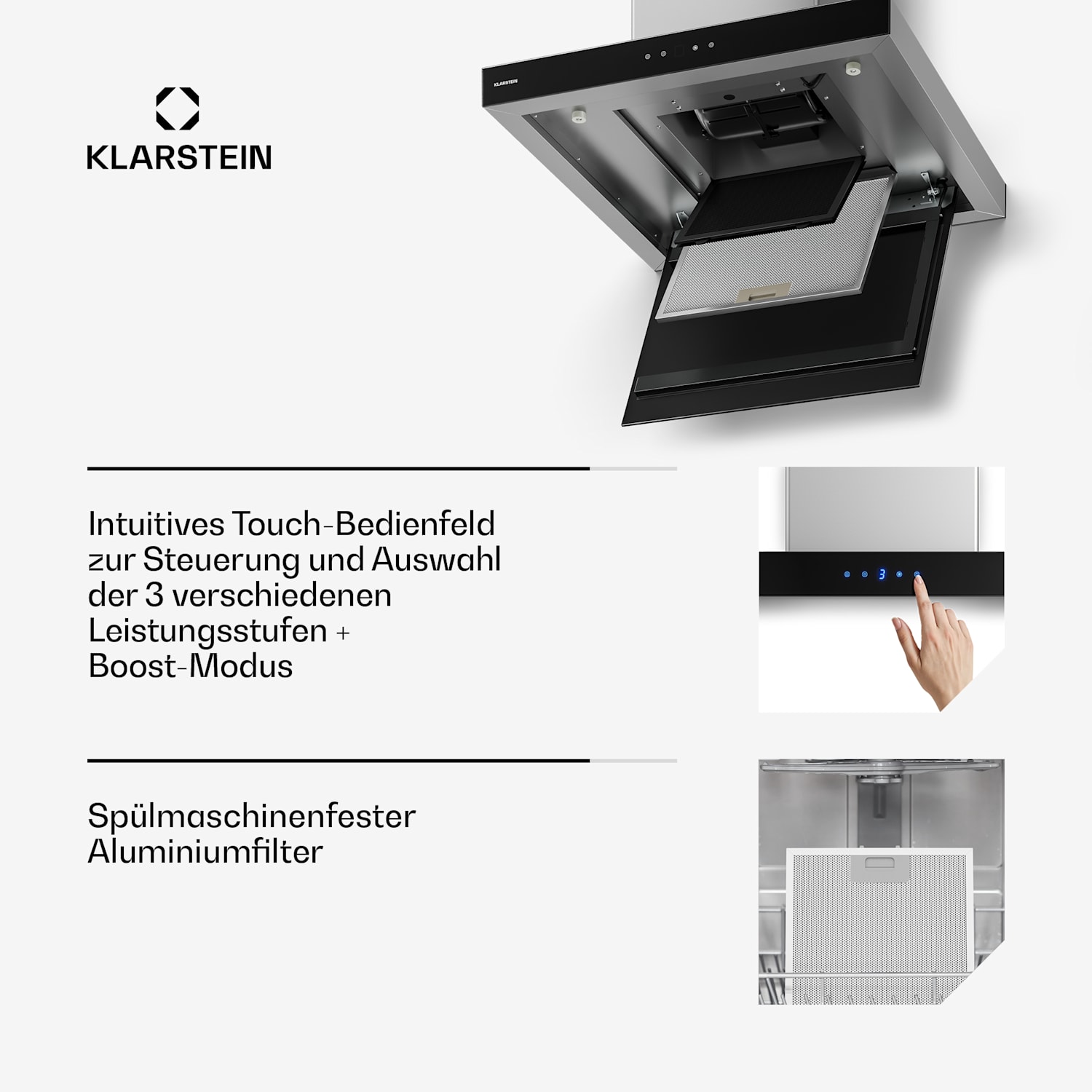 Valeria Inselhaube | Abluft- und Umluftmodus | Elegantes Edelstahldesign | 632 m³/h | 60 cm Silber