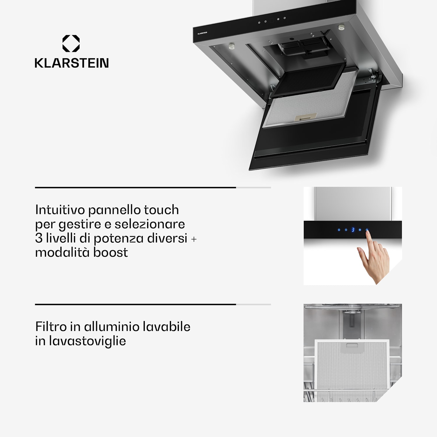 Valeria - Cappa a isola | Modalità di scarico e ricircolo | Elegante design in acciaio inox | 600 m³/ora | 60 cm 