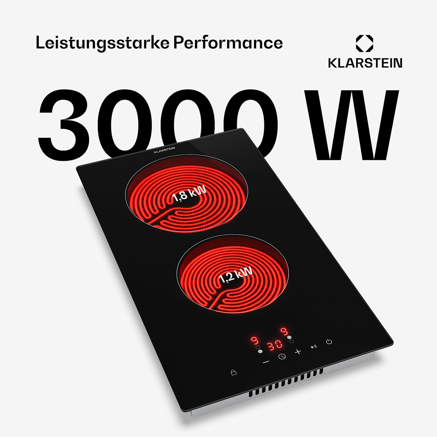 Hito Glaskeramik-Kochfeld | 2 Kochzonen | 3000 W | 9 Leistungsstufen | 30 cm 30 cm