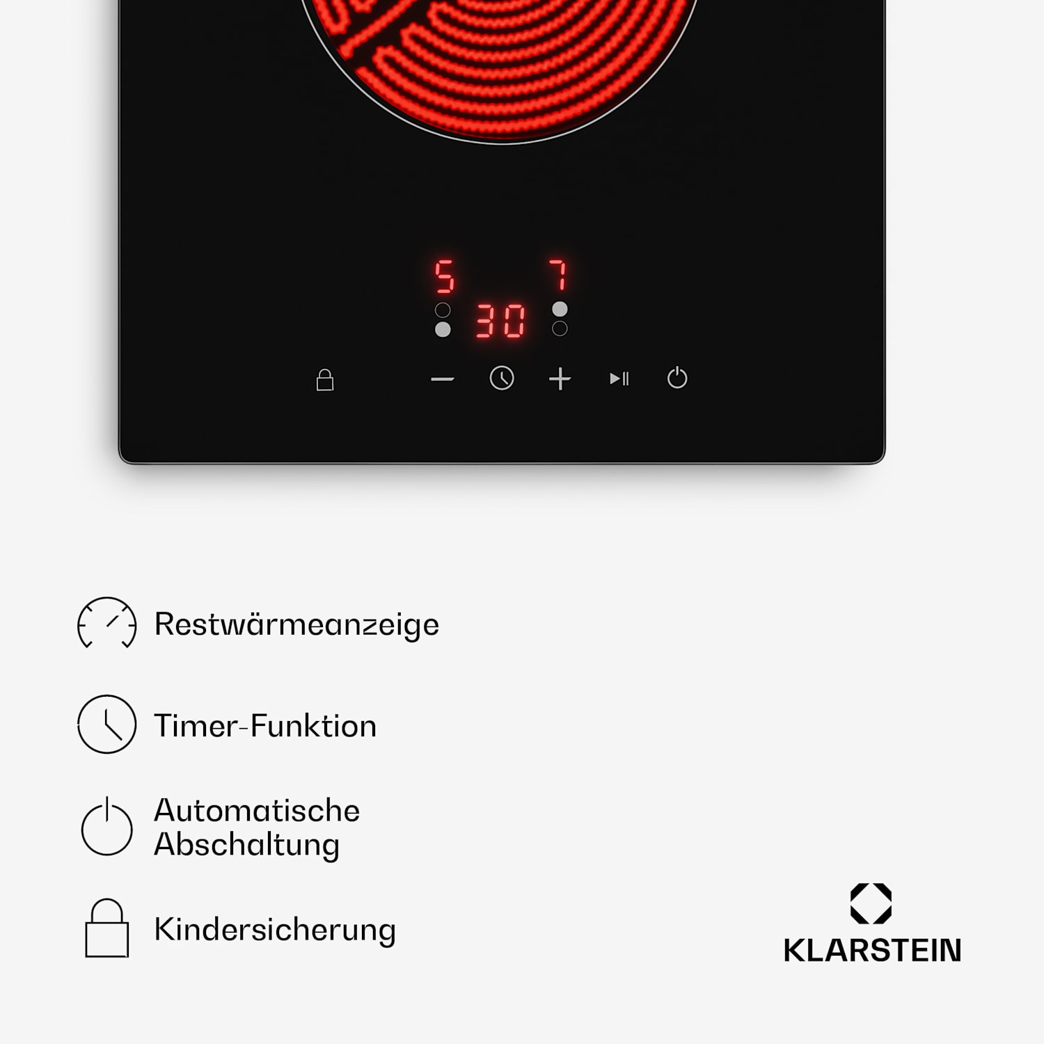 Hito Glaskeramik-Kochfeld | 2 Kochzonen | 3000 W | 9 Leistungsstufen | 30 cm 30 cm