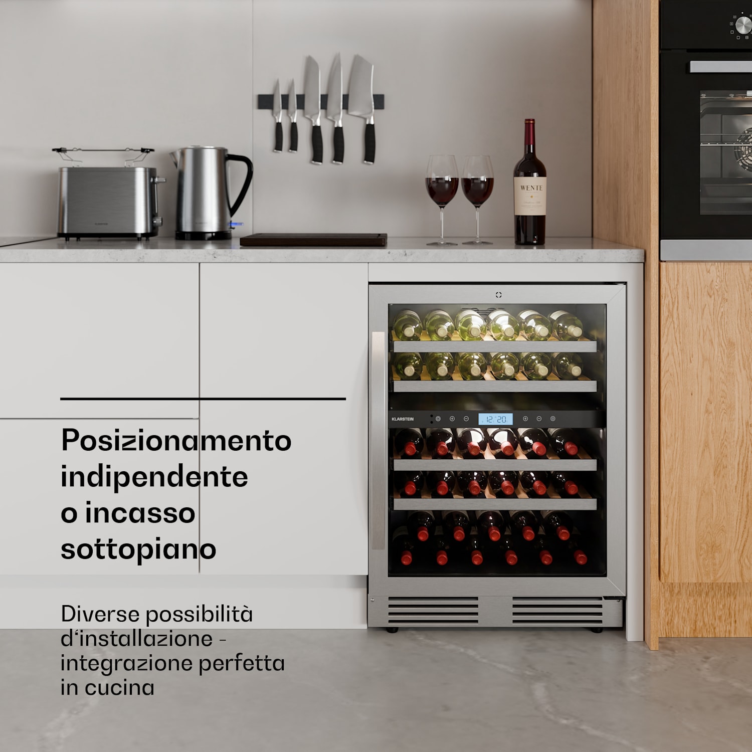 VeroSteel - Frigorifero per vini da incasso sottopiano | 2 zone di raffreddamento | 129 litri | 43 bottiglie | 60 cm Argento