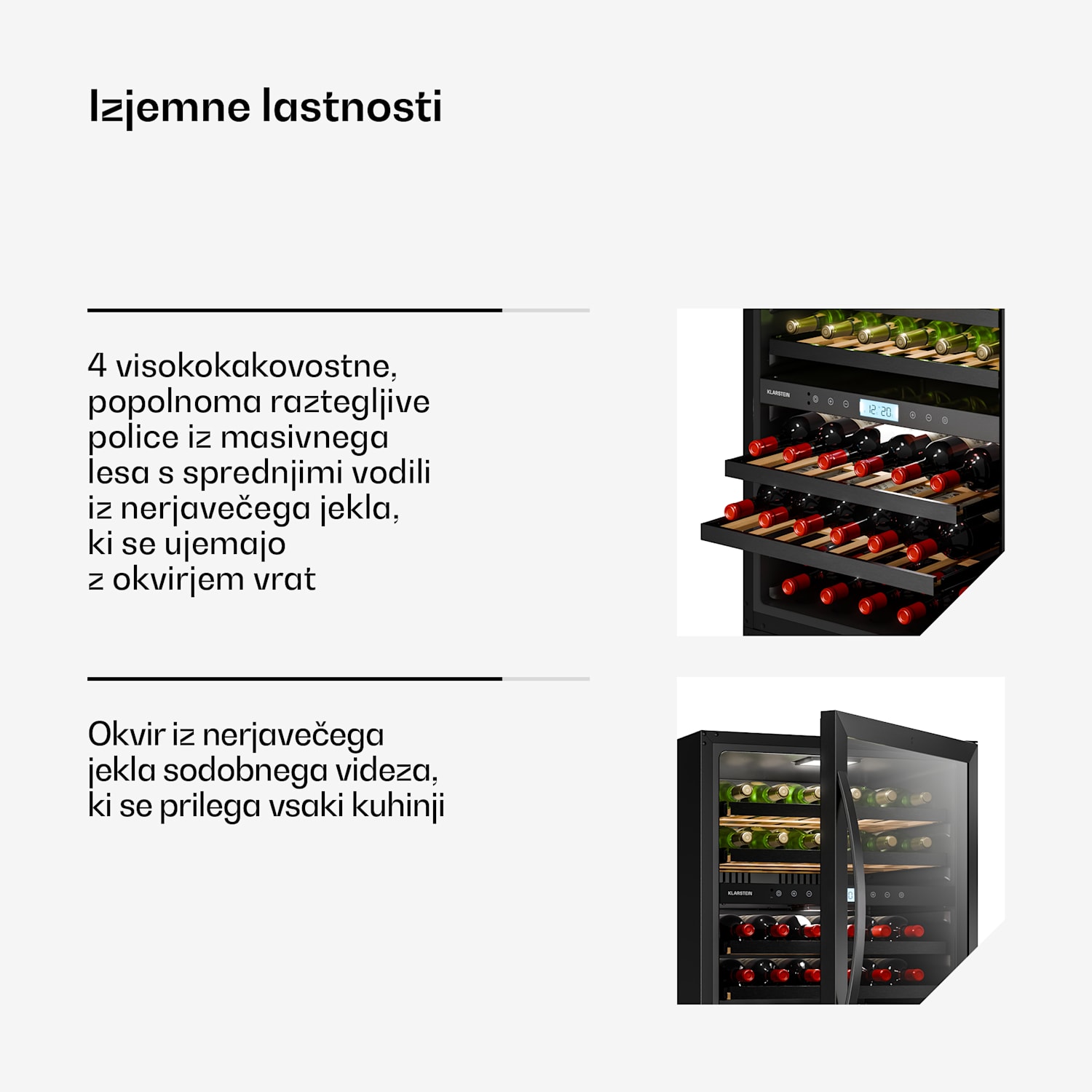 VeroSteel hladilnik za vino za vgradnjo | 2 coni | 129 litrov | 43 steklenic | 60 cm Črna