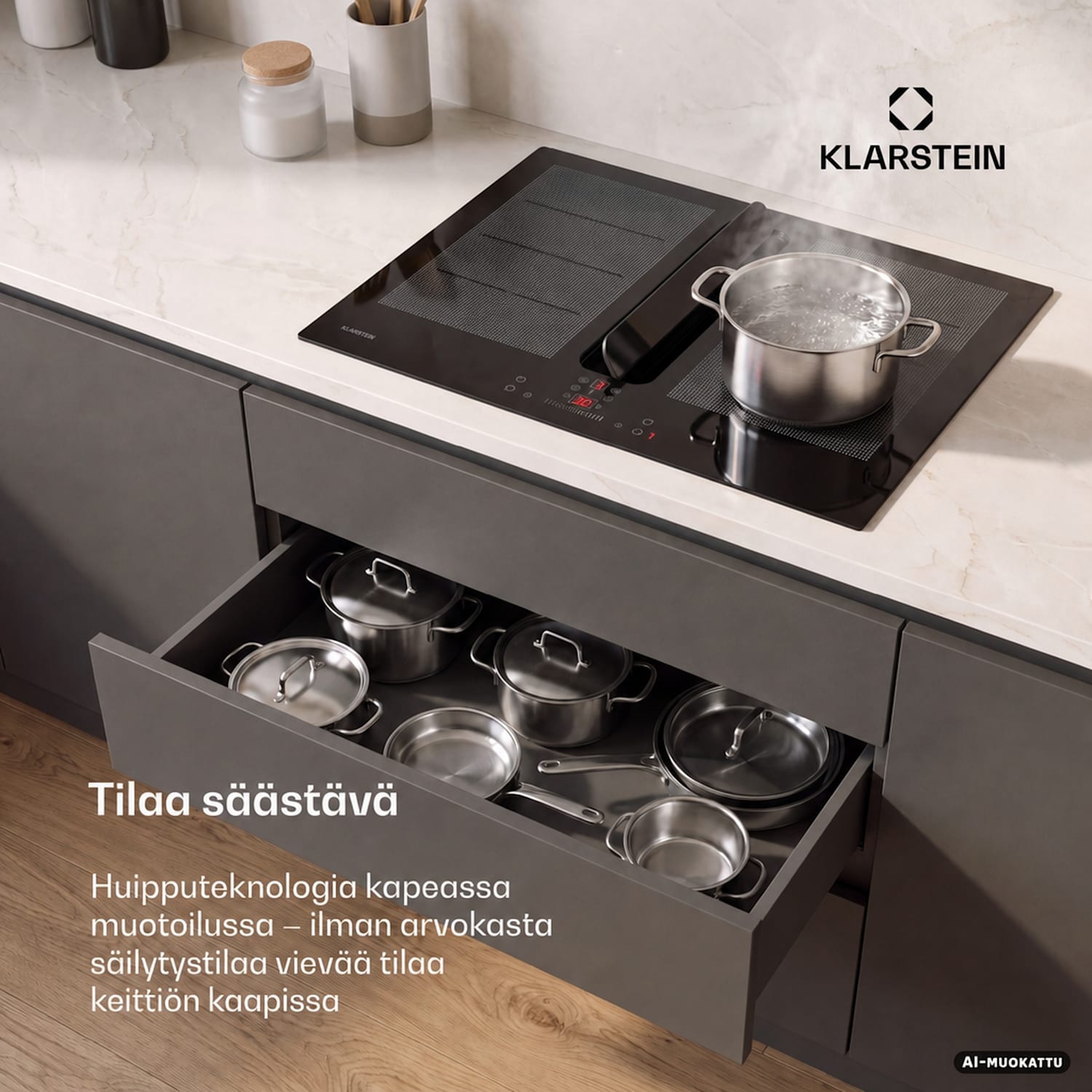ChefFusion induktiokeittotaso liesituulettimella | 4 keittoaluetta | 7200 W | 504,3 m³/h | 60 cm 60 cm | Kehyksetön | Musta