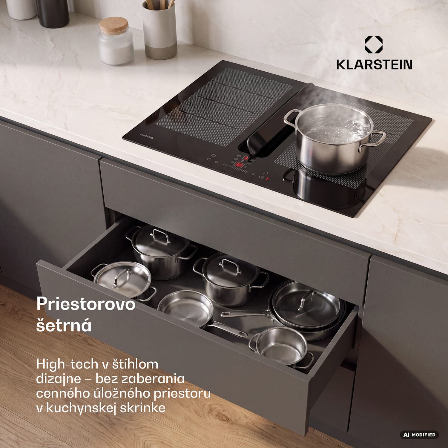 ChefFusion indukčná varná doska s odsávačom pár | 4 varné zóny | 7200 W | 504,3 m³/h | 60 cm 60 cm | Bez rámu | Čierna