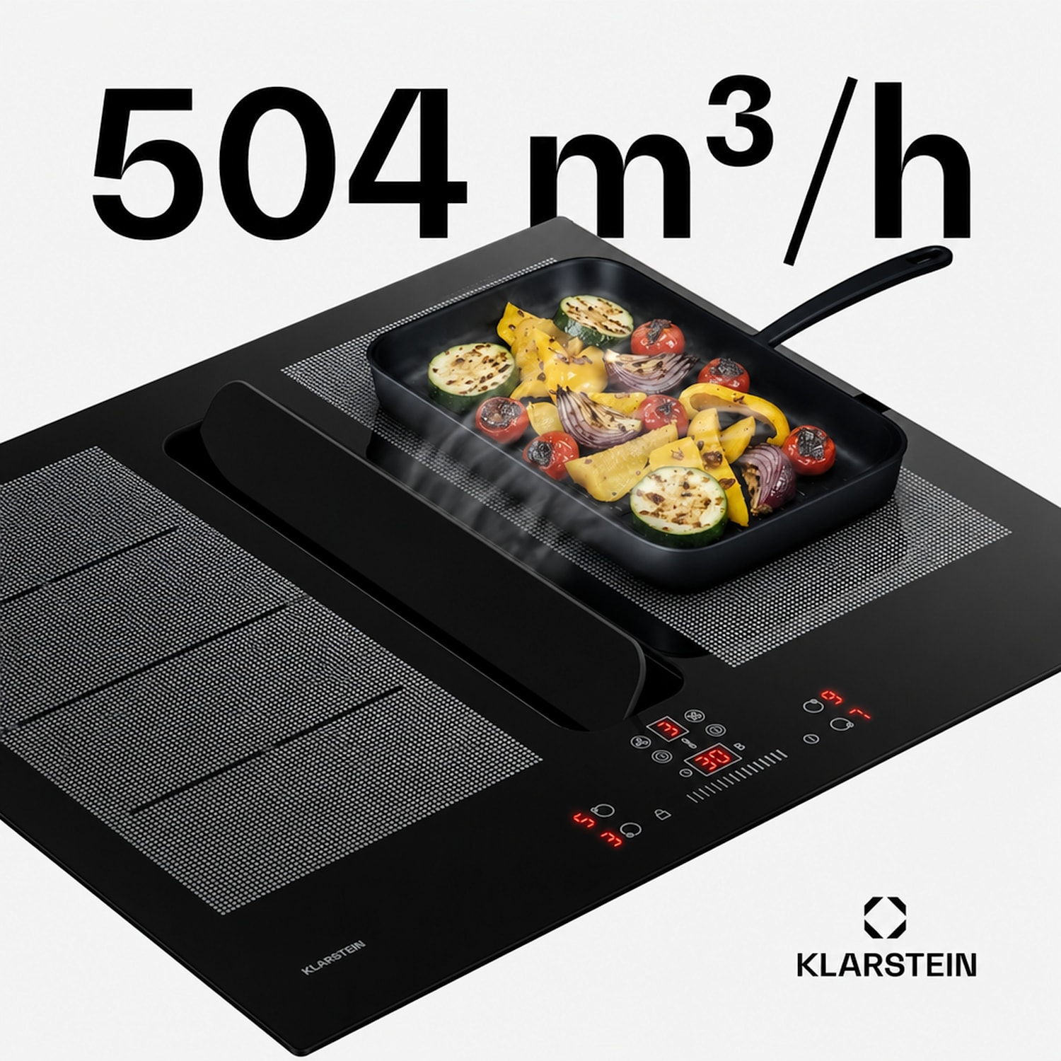 ChefFusion induktionshäll med fläkt | 4 kokzoner | 7200 W | 504,3 m³/h | 60 cm 60 cm | Ramlös | Svart