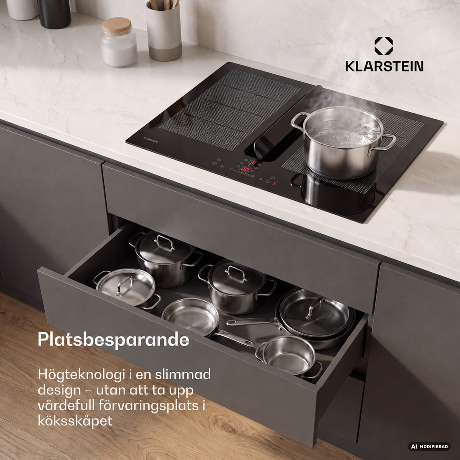 ChefFusion induktionshäll med fläkt | 4 kokzoner | 7200 W | 504,3 m³/h | 60 cm 60 cm | Ramlös | Svart