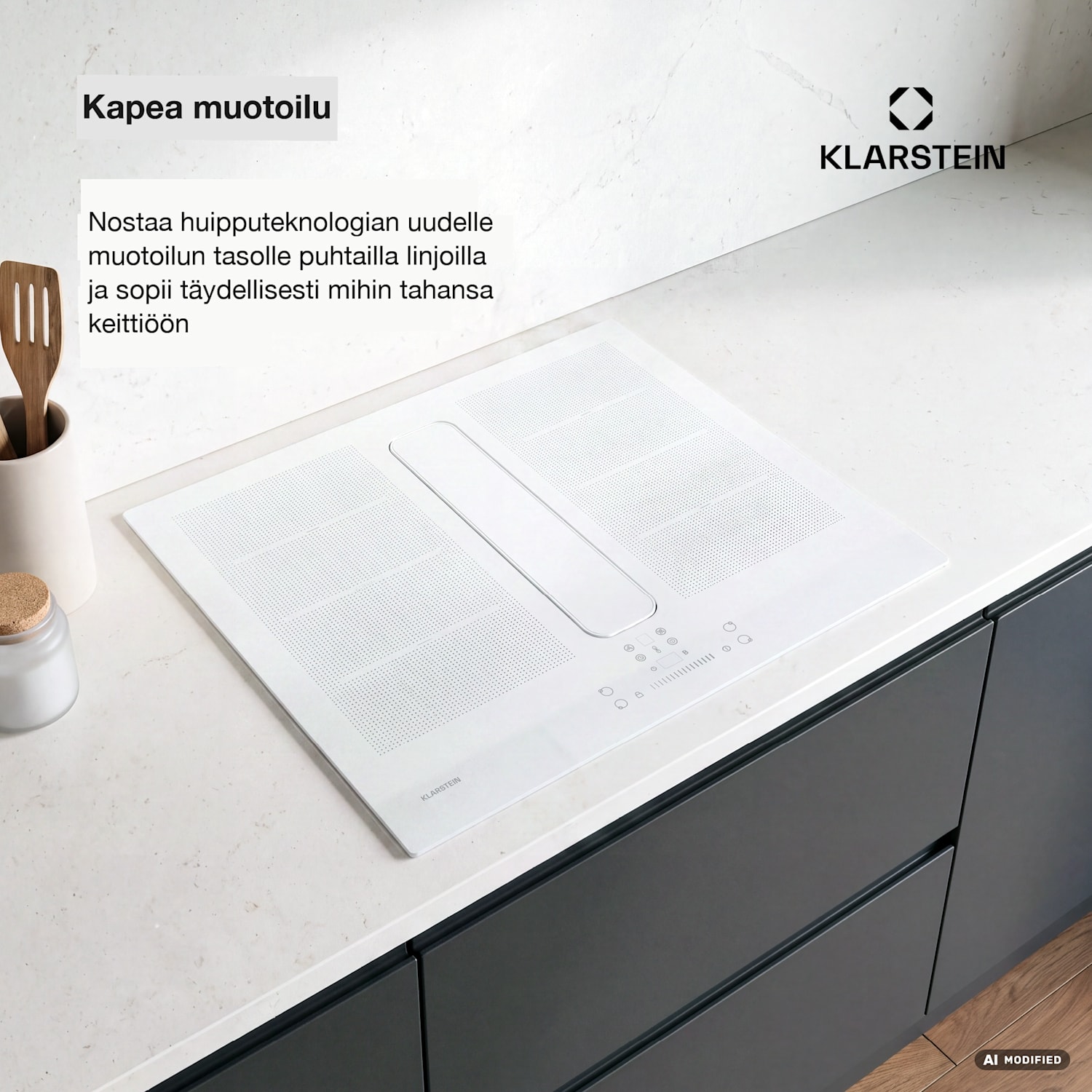 ChefFusion induktioliesitaso ja liesituuletin | 4 keittoaluetta | 7200 W | 504,3 m³/h | 60 cm 60 cm | Kehyksetön | Valkoinen