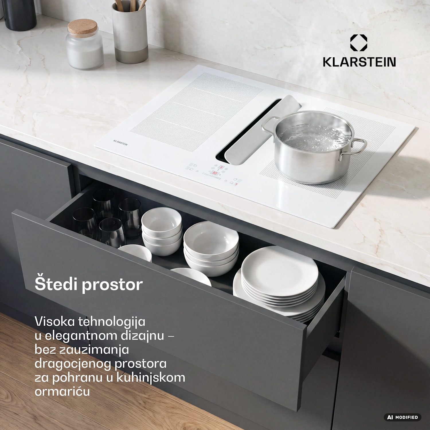 ChefFusion indukcijska ploča s kuhinjskom napom | 4 zone za kuhanje | 7200 W | 504,3 m³/h | 60 cm 60 cm | Bez okvira | Bijela