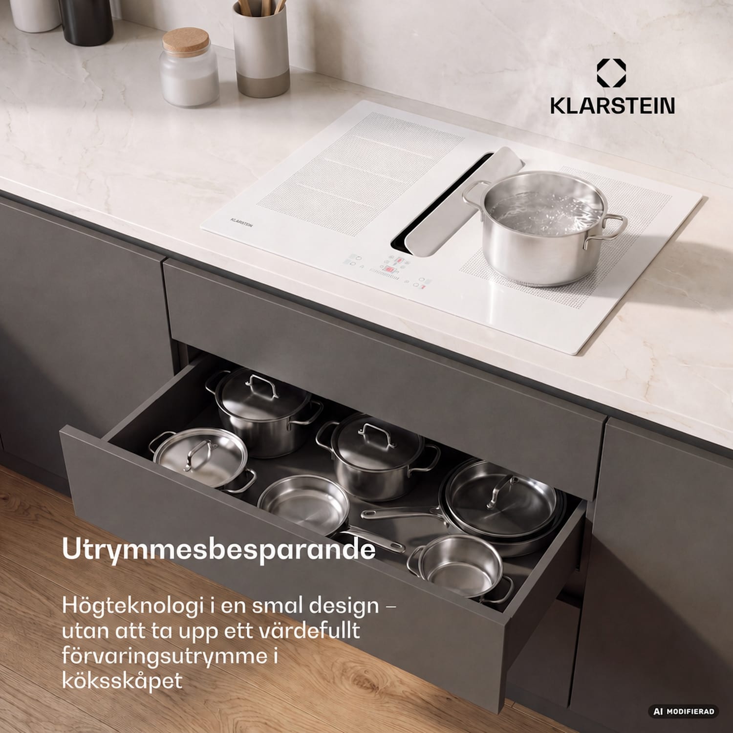 ChefFusion induktionshäll med fläkt | 4 kokzoner | 7200 W | 504,3 m³/h | 60 cm 60 cm | Ramlös | Vit