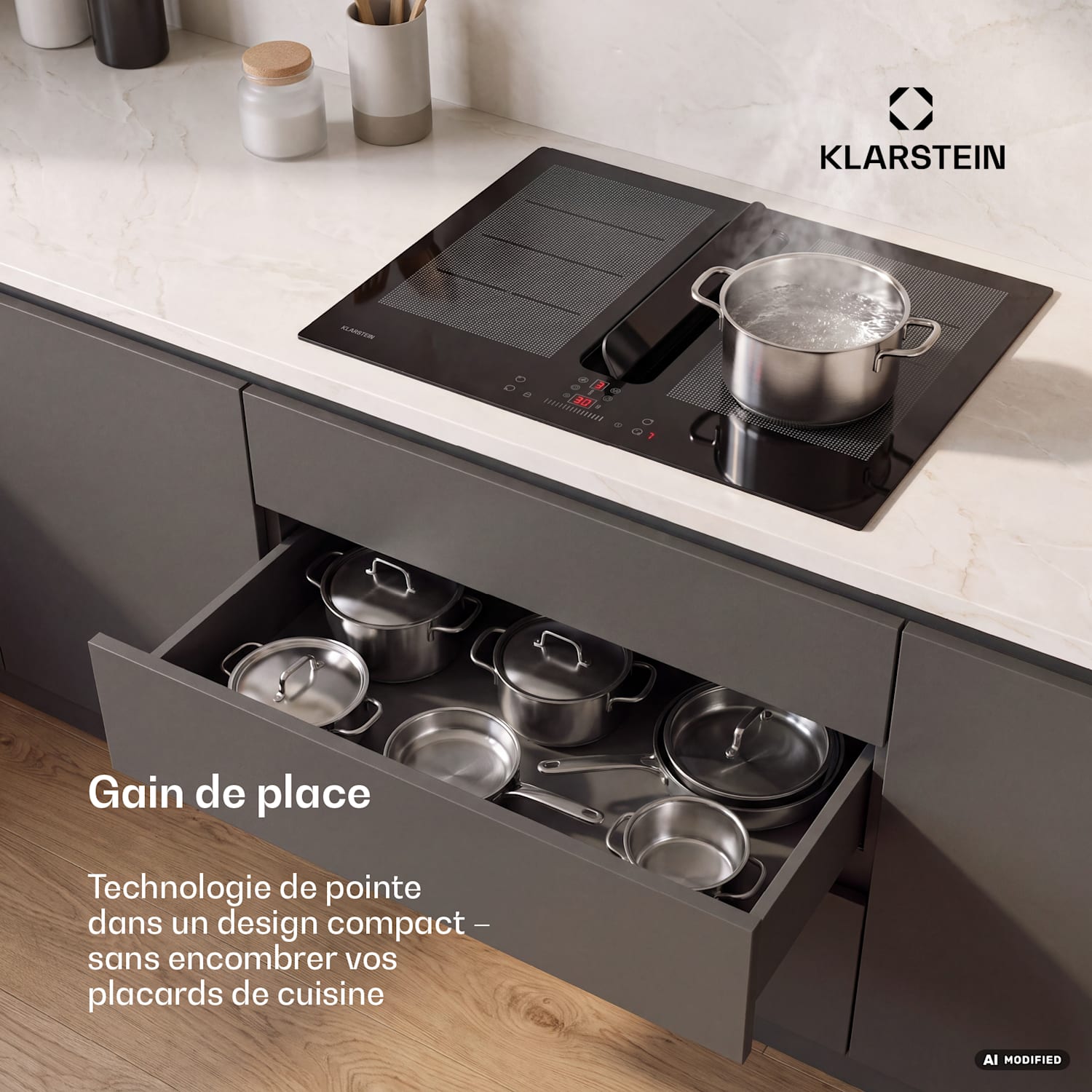 ChefFusion plaque à induction avec hotte intégrée | 4 zones de cuisson | 7200 W | 504,3 m³/h | 70 cm 70 cm | Sans cadre | Noir